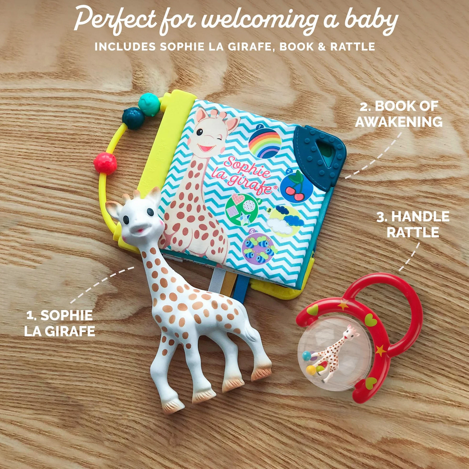 Sophie la girafe Zestaw upominkowy dla dzieci, zawiera Sophie la girafe, książkę z przebudzeniem, grzechotkę z rączką, zaprojektowany dla ząbkujących niemowląt, obudzić wszystkie 5 zmysłów, łatwy do