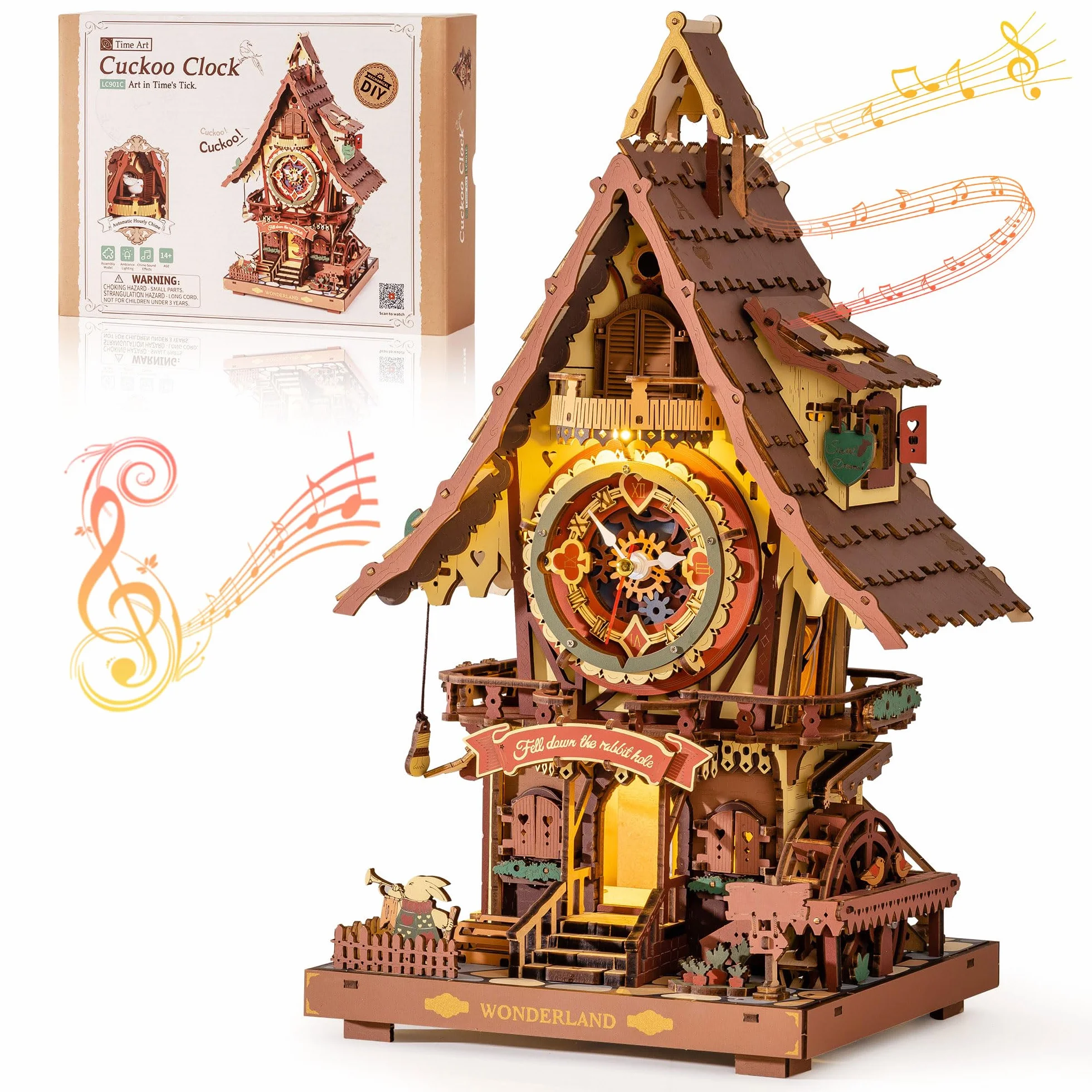 ROBOTIME Puzzle 3D Zegar z kukułką dla dorosłych, drewniane zestawy modeli puzzli do budowania, działający zegar z dźwiękiem kukułki, rękodzieło do dekoracji domu, prezent dla nastolatków i dorosłych