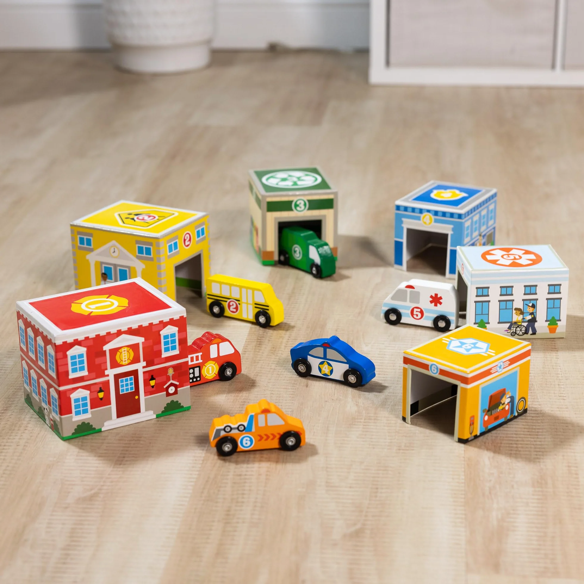 Melissa & Doug Nesting & Sorting Buildings & Vehicles, Wooden Toy & Trains, Trucks & Vehicles, 2+, Gift for Boy or Girl