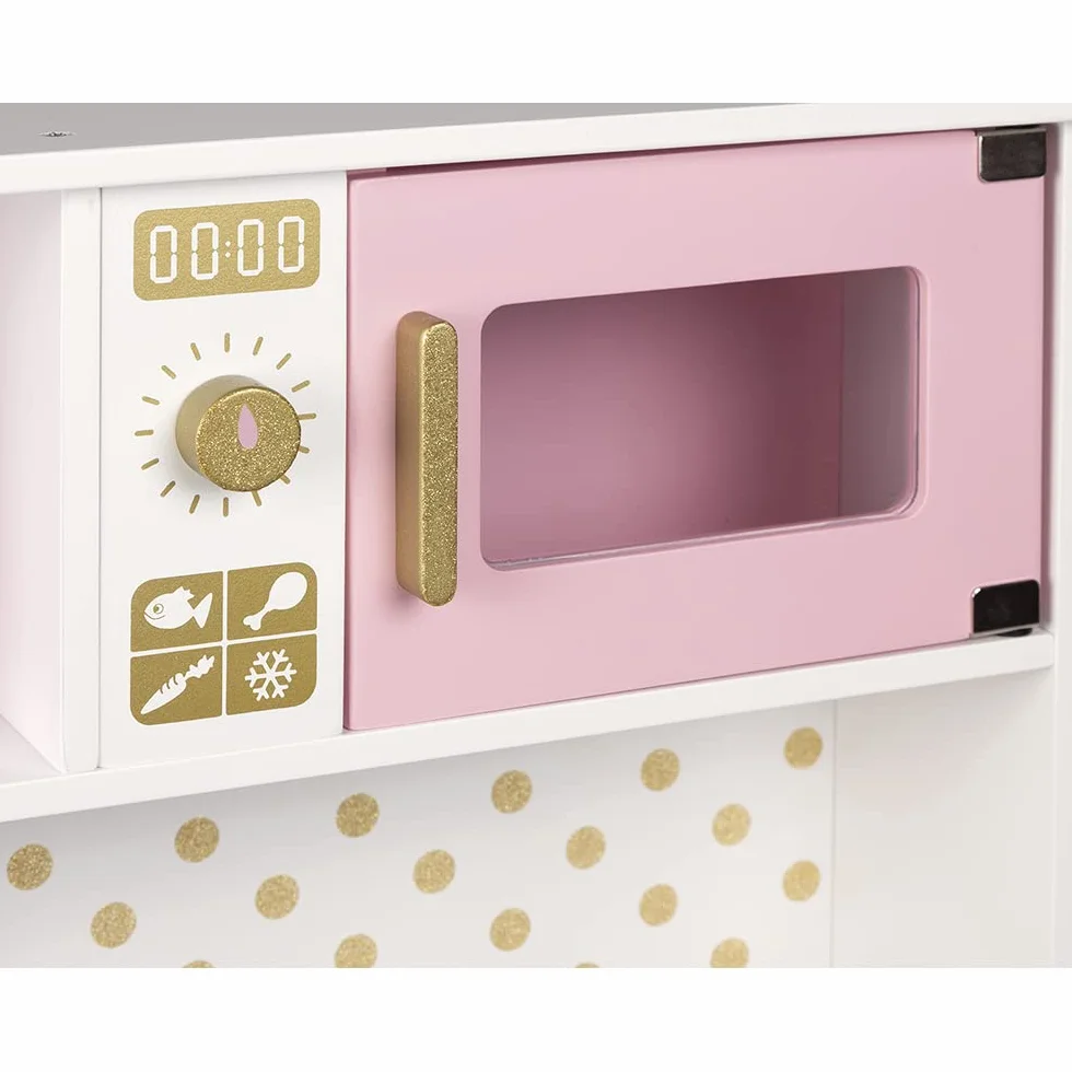 Janod - Candy Chic Big Wooden Cooker for Children - Equipped with Fridge and Microwave, Sound and Light - Pretend Play - 6 Accessories Included - For children from the Age of 3, J06554, Pink and White