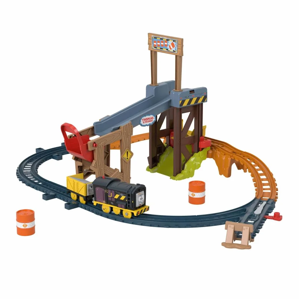 Thomas & Friends Diesel – Załadunek na budowie Zestaw kolejowy z torem + zabawka pociąg z napędem, wagonem i beczkami do zabawy dla dzieci od 3 roku życia, JBW20
