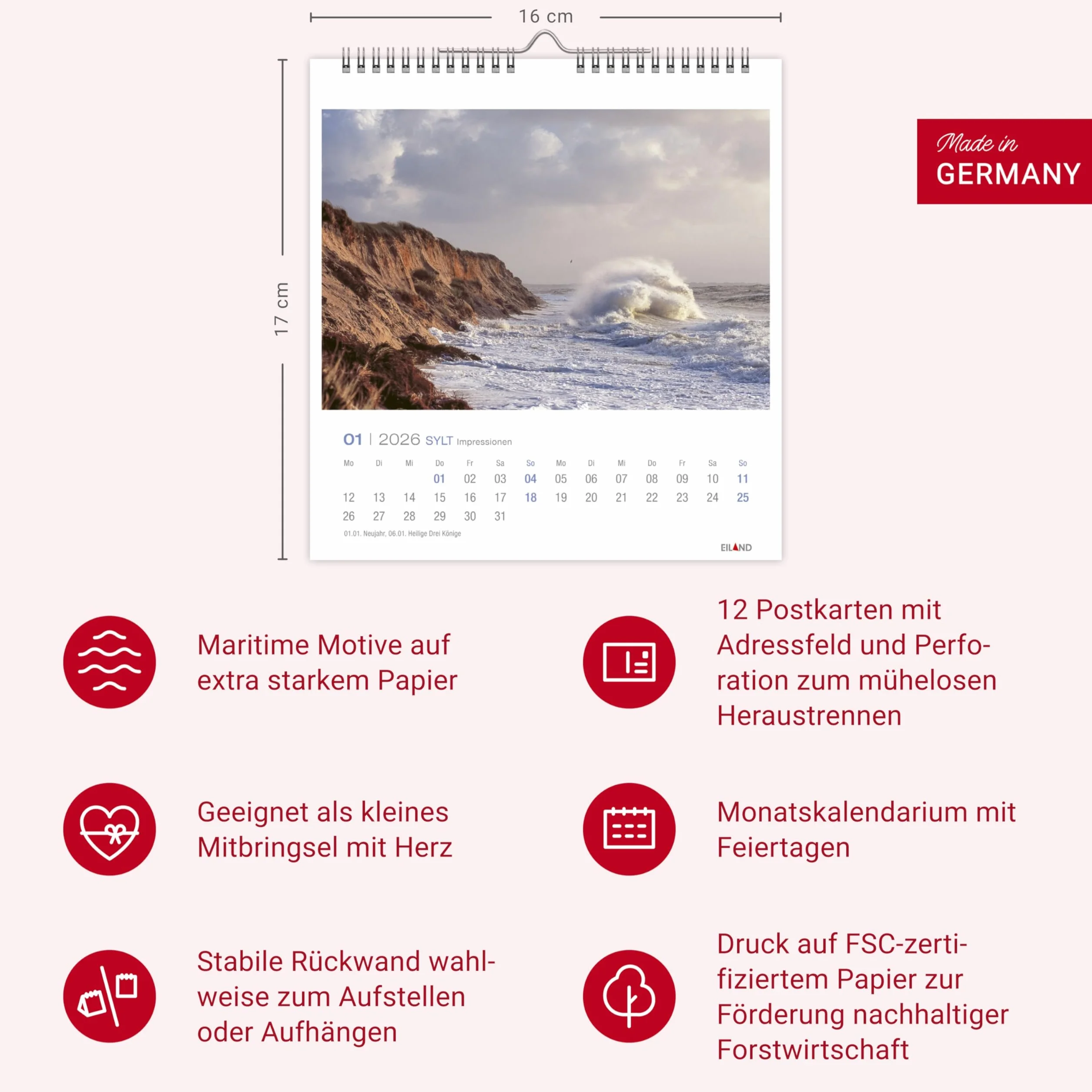Sylt Impressionen Postkartenkalender 2026: Die schönsten Seiten der Insel in einem kleinen Kalender zum Aufstellen oder Aufhängen. Fotokalender mit monatlichen Postkarten zum Sammeln und Verschicken.