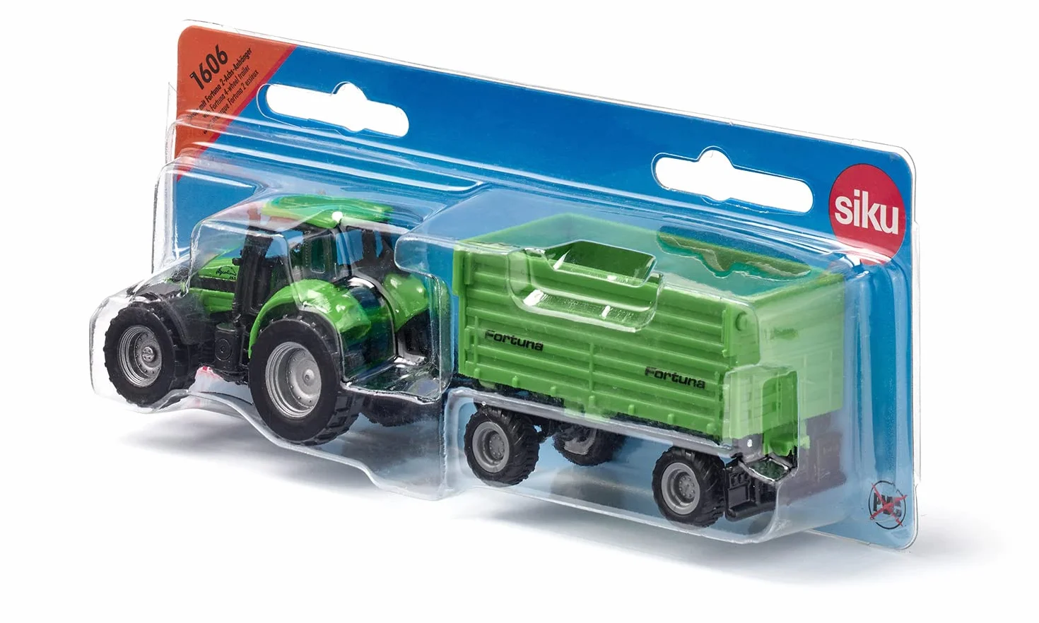 Siku 1606, Traktor DEUTZ-FAHR z 2-osiową przyczepą Fortuna, Zabawkowy traktor, Metal/plastik, Zielony, Zdejmowana kabina, Przechylna skrzynia, Przyczepa z gumowymi kołami, Zaczep