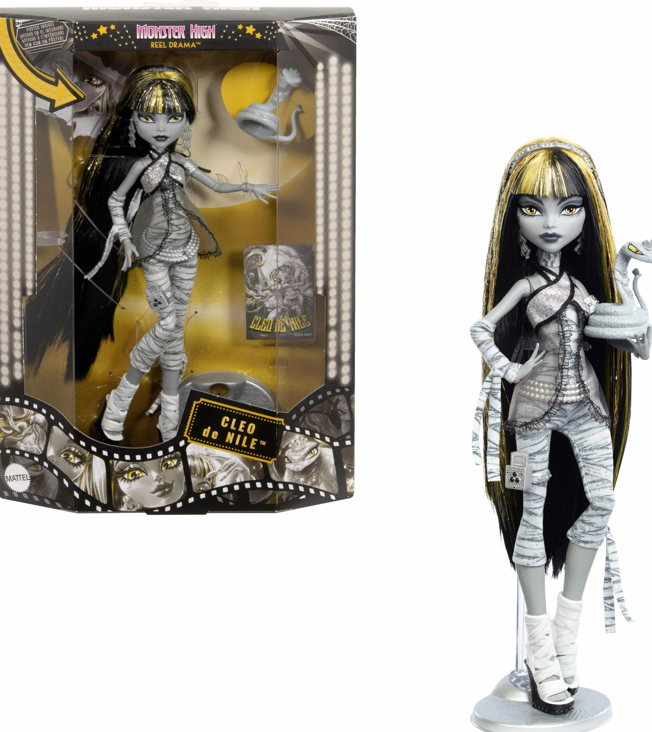 Monster High Reel Drama Straszny Seans Cleo de Nile Lalka kolekcjonerska w czarno-białym stroju z motywem filmowym oraz miniplakatem i dużym plakatem, zabawka i prezent dla dzieci 6+, JDR65