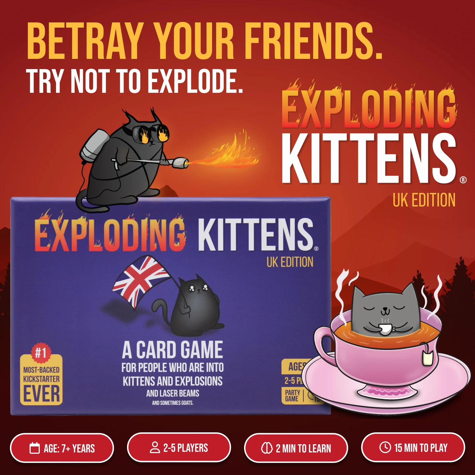 Exploding Kittens UK Edition - Proper Cheeky Fun for British Family Game Nights - Hilarious Card Games for Ages 7 and Up - 56 Cards
