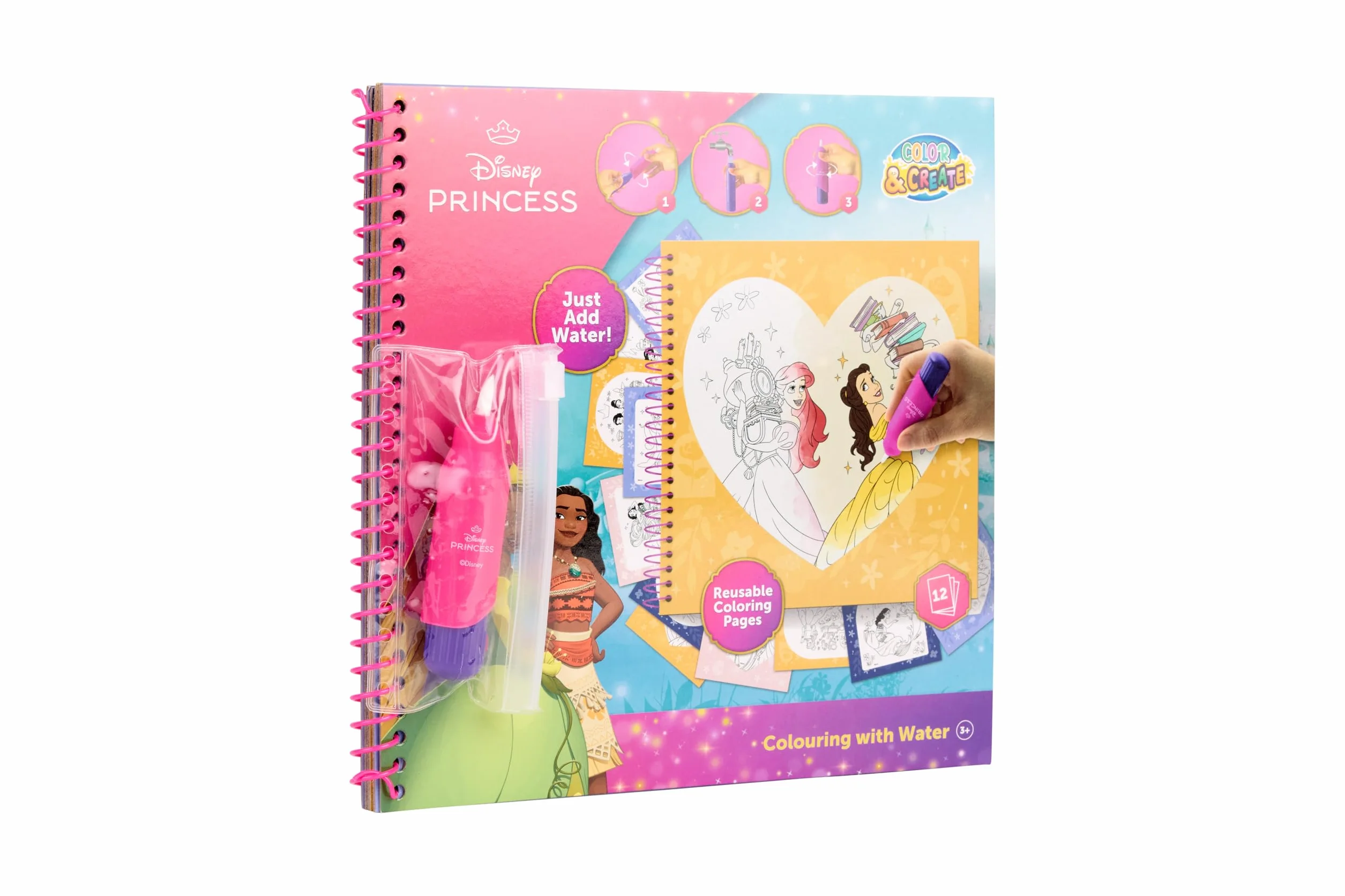 Disney Princess kolorowanka z wodą | Kolorowanka wielokrotnego użytku dla dzieci od 3 lat | Z napełnianym ponownie pisakiem wodnym | 12 stron do pokolorowania | Vaiana, Roszpunka, Królewna Śnieżka