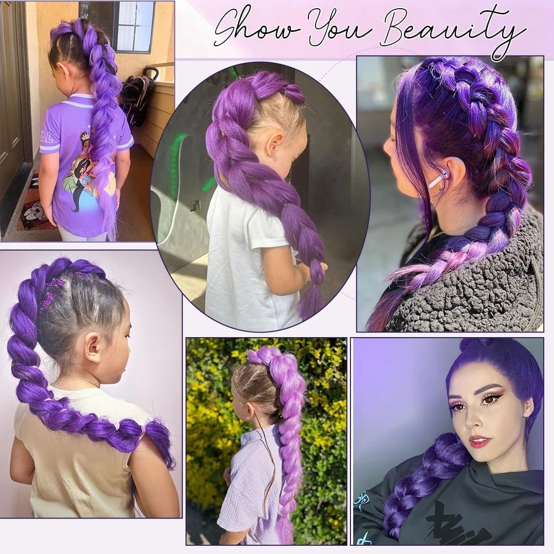 Długa, fioletowa, syntetyczna, pleciona peruka, 61 cm, dla dziewcząt, do kostiumów, na imprezę, Halloween lub cosplay (2 sztuki)