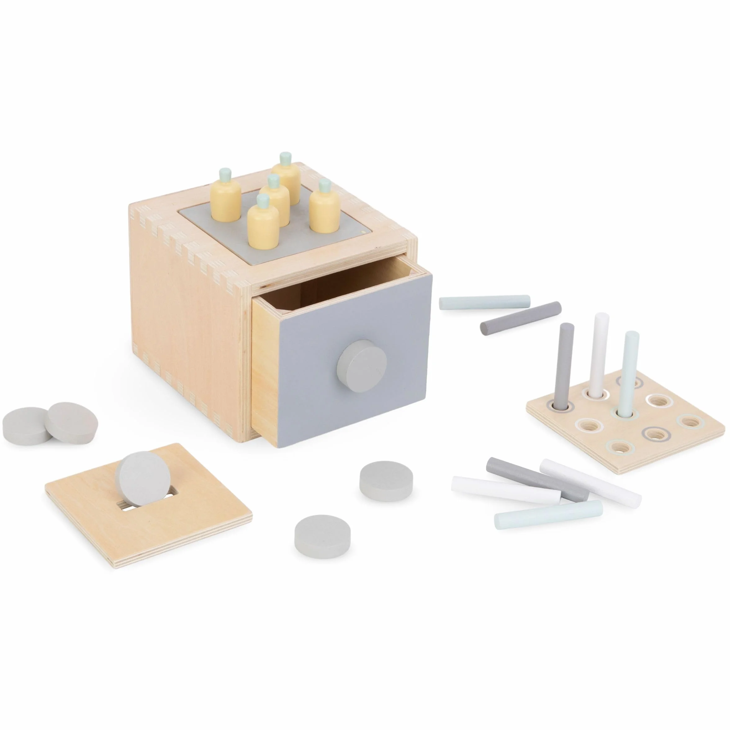 Mamabrum Zabawka Montessori dla Małych Dzieci 12 m+, Kreatywne Pudełko Edukacyjne - 6 Zabawek: Wbijanka z Młotkiem, Puzzle, Książeczka, Pudełko z Szufladą, Piramida, Układanka