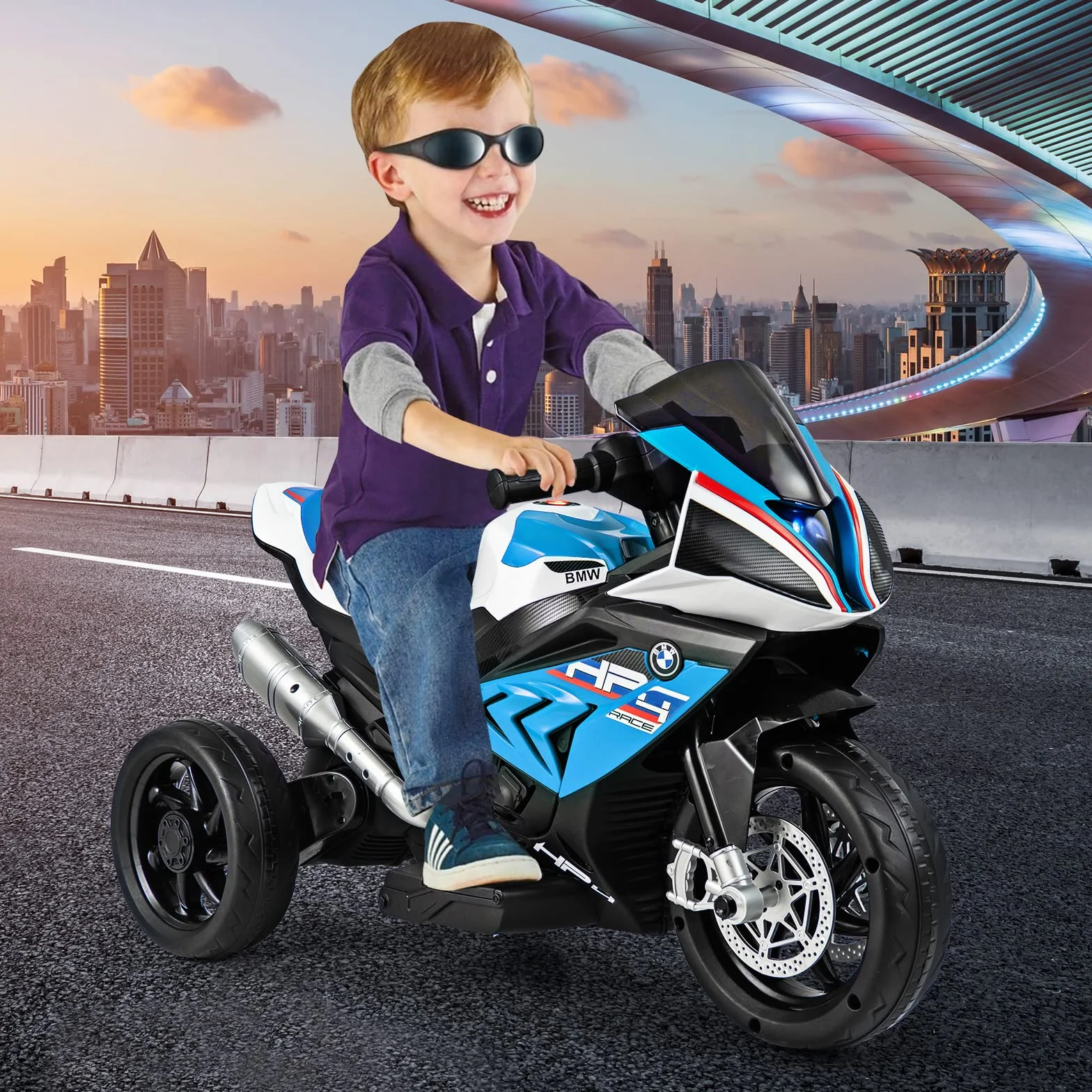 COSTWAY Motocykl elektryczny BMW 6 V z muzyką i reflektorem, trójkołowy motocykl dziecięcy do 3 km/h, motocykl elektryczny z 2 kółkami podporowymi, odpowiedni dla dzieci od 3 lat (niebieski)