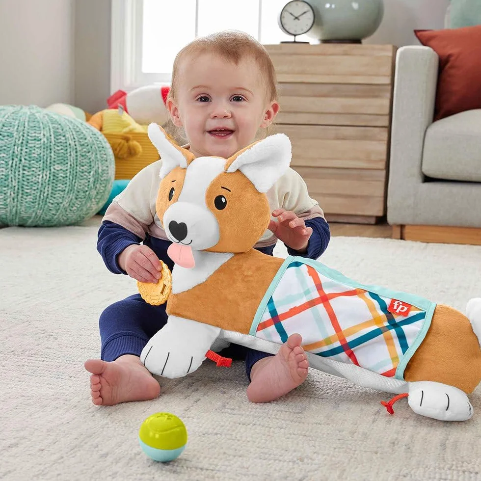 Fisher-Price Piesek 3 w 1 Poduszeczka pod brzuszek z grzechotką, gryzaczkiem bez bisfenolu A i lusterkiem, HJW10