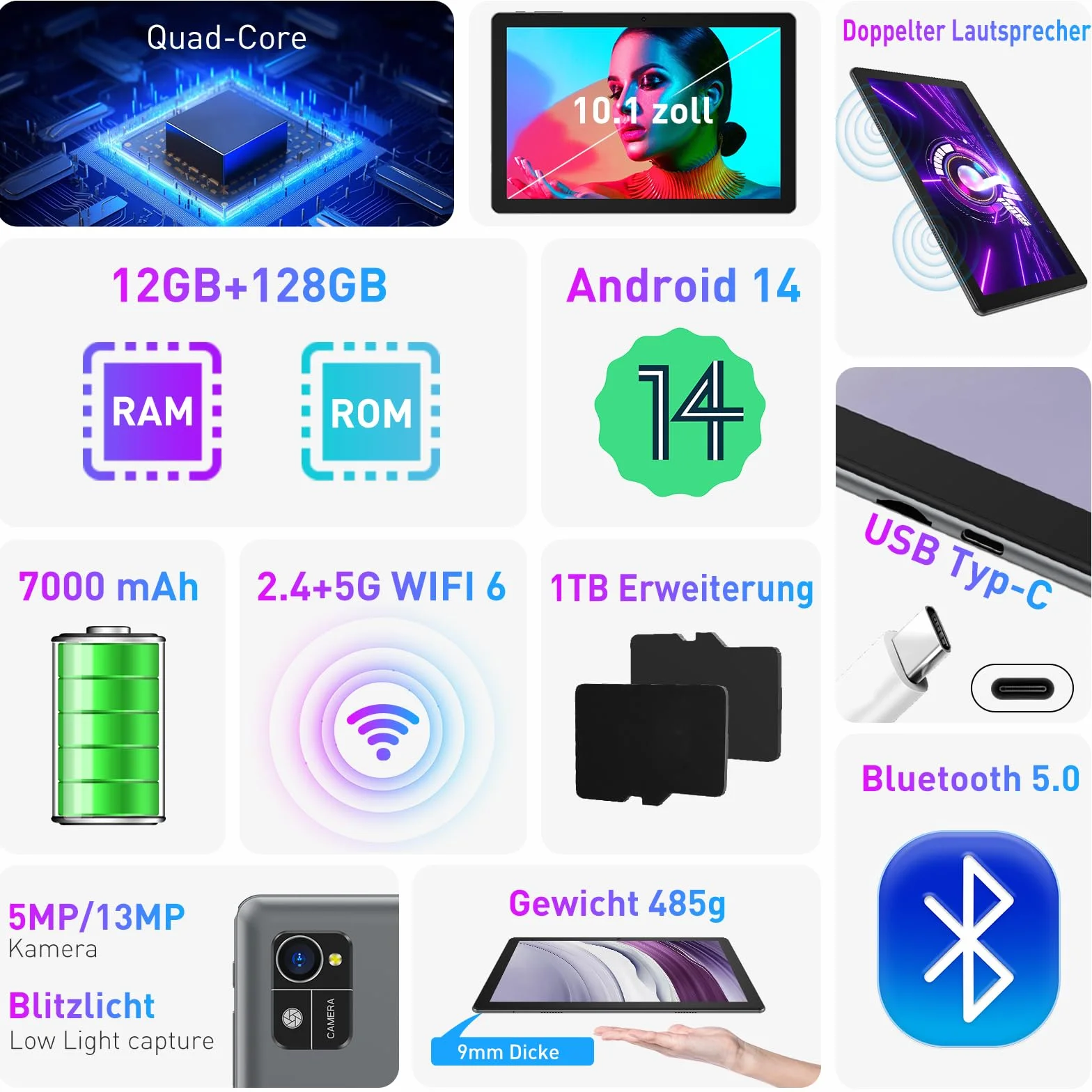 XGODY Tablet 10-calowy Android 13 z klawiaturą 2,4 G/5G WLAN 4-rdzeniowy 2,0 GHz | 12 GB RAM + 128 GB ROM (TF 1 TB) | FHD | aparat 5 + 13 MP | 7000 mAh | Bluetooth 5.0, tablet PC – szary