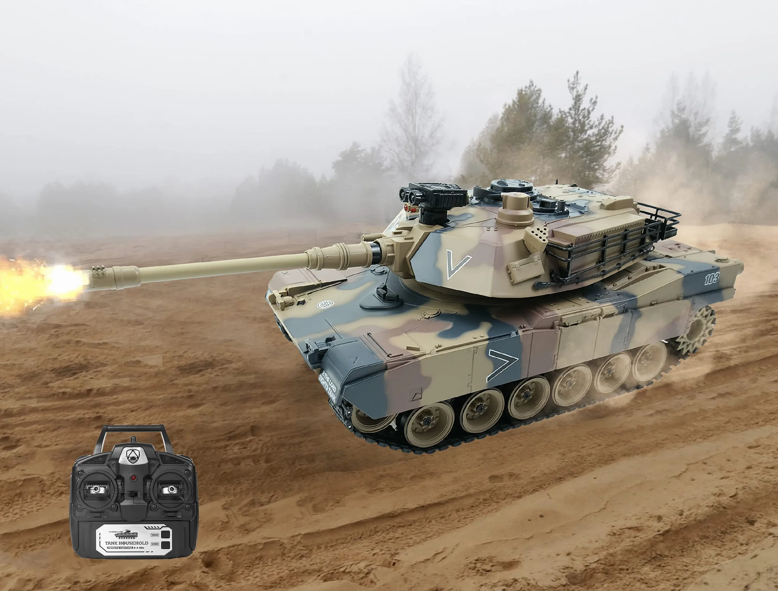 efaso Zdalnie sterowany czołg – zdalnie sterowany czołg z funkcją strzału / wieża obracana o 360 stopni z dźwiękiem i światłem 1:18 - model czołgu RC Camouflage, ZY022-817
