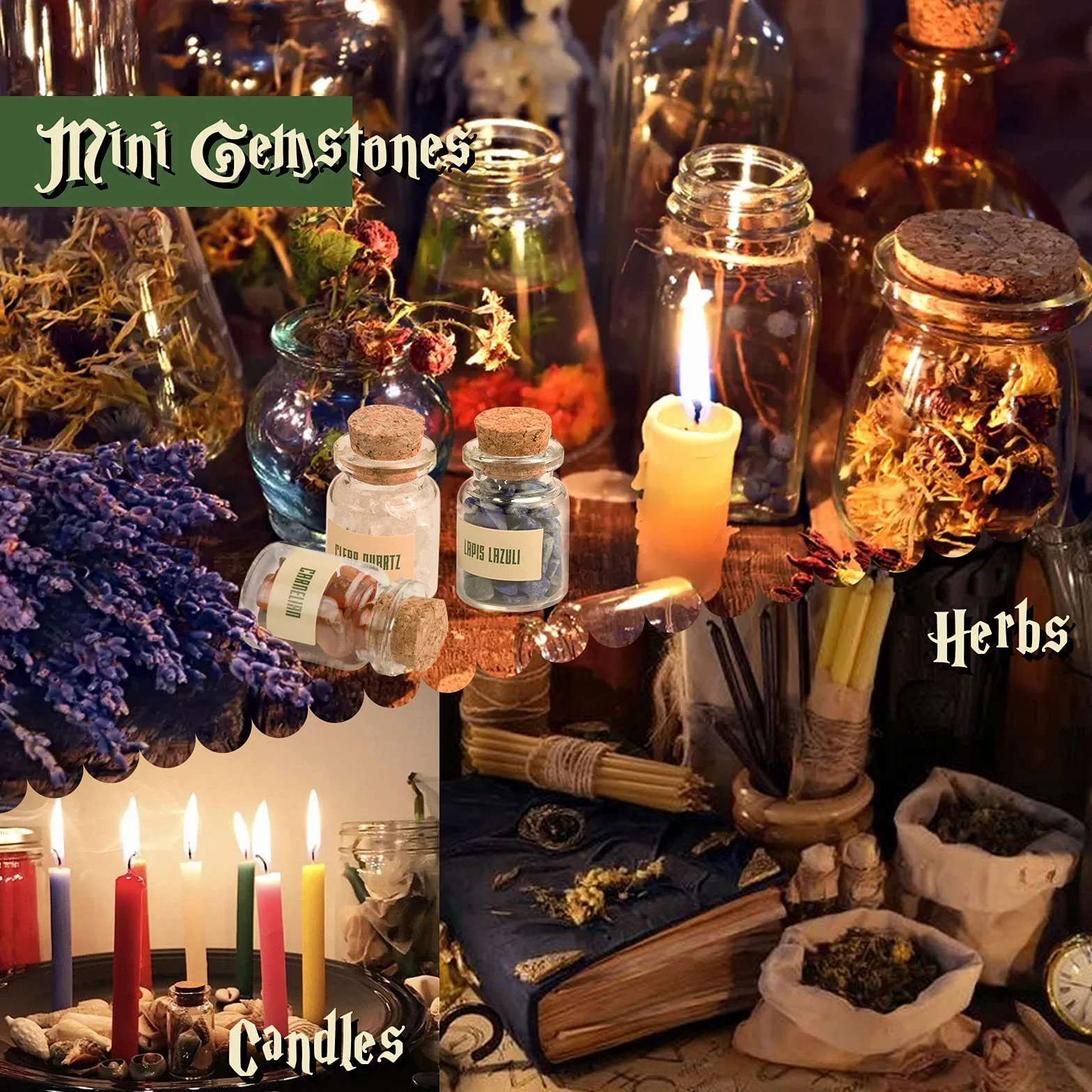 Hexenbastel-Starter-Set 63-teilig Kristalle Kräuter Zauberkerzen Charmtüten Ritual Hexensalz für Wicca-Altar