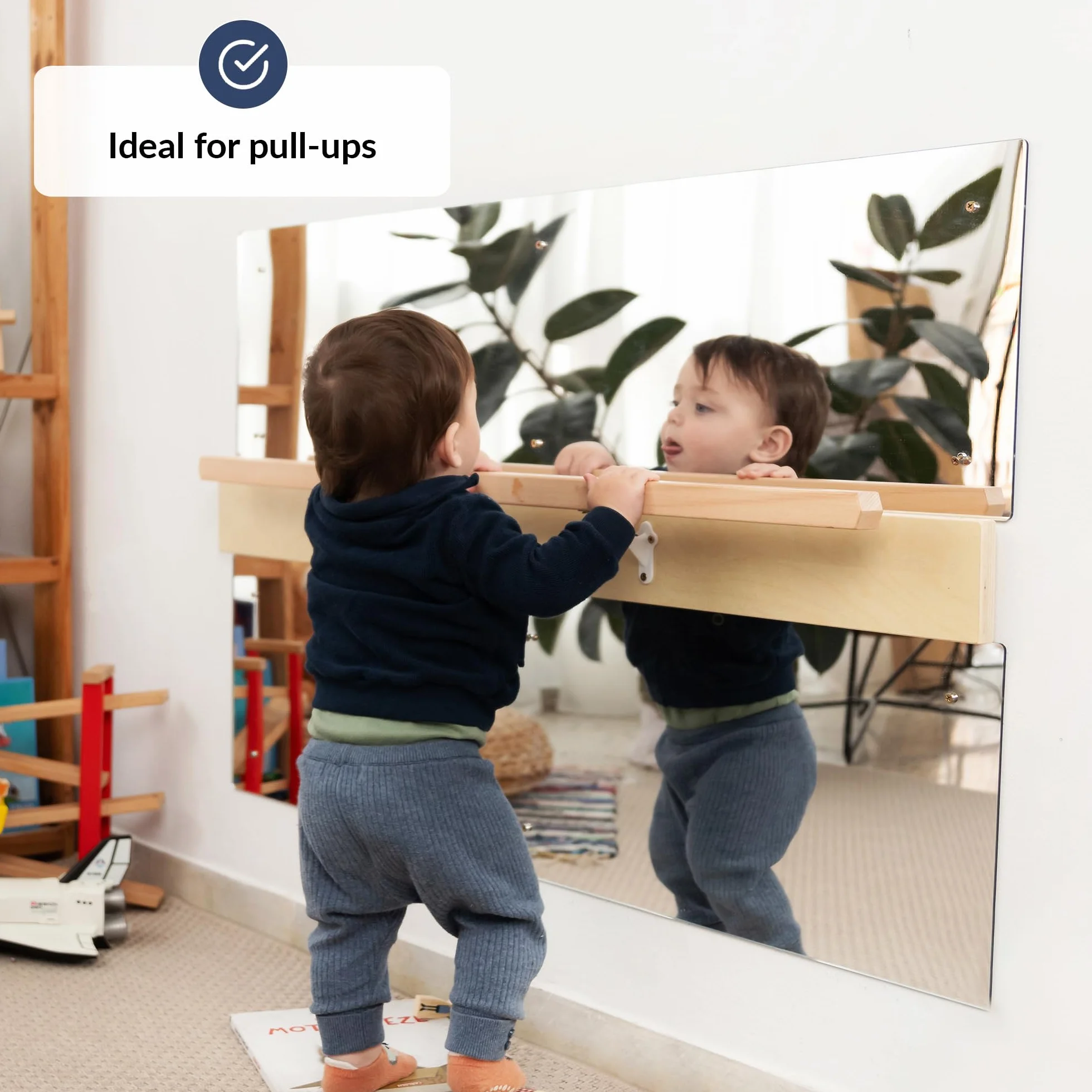 Lustro Montessori Z Drążkiem Dla Maluchów | Drążek Montessori Do Podciągania Dla Nauki Stania I Lustro Na Ścianę Dla Dzieci Z Drążkiem | Drewniany Drążek Równoważny, Rozwoju Motorycznego