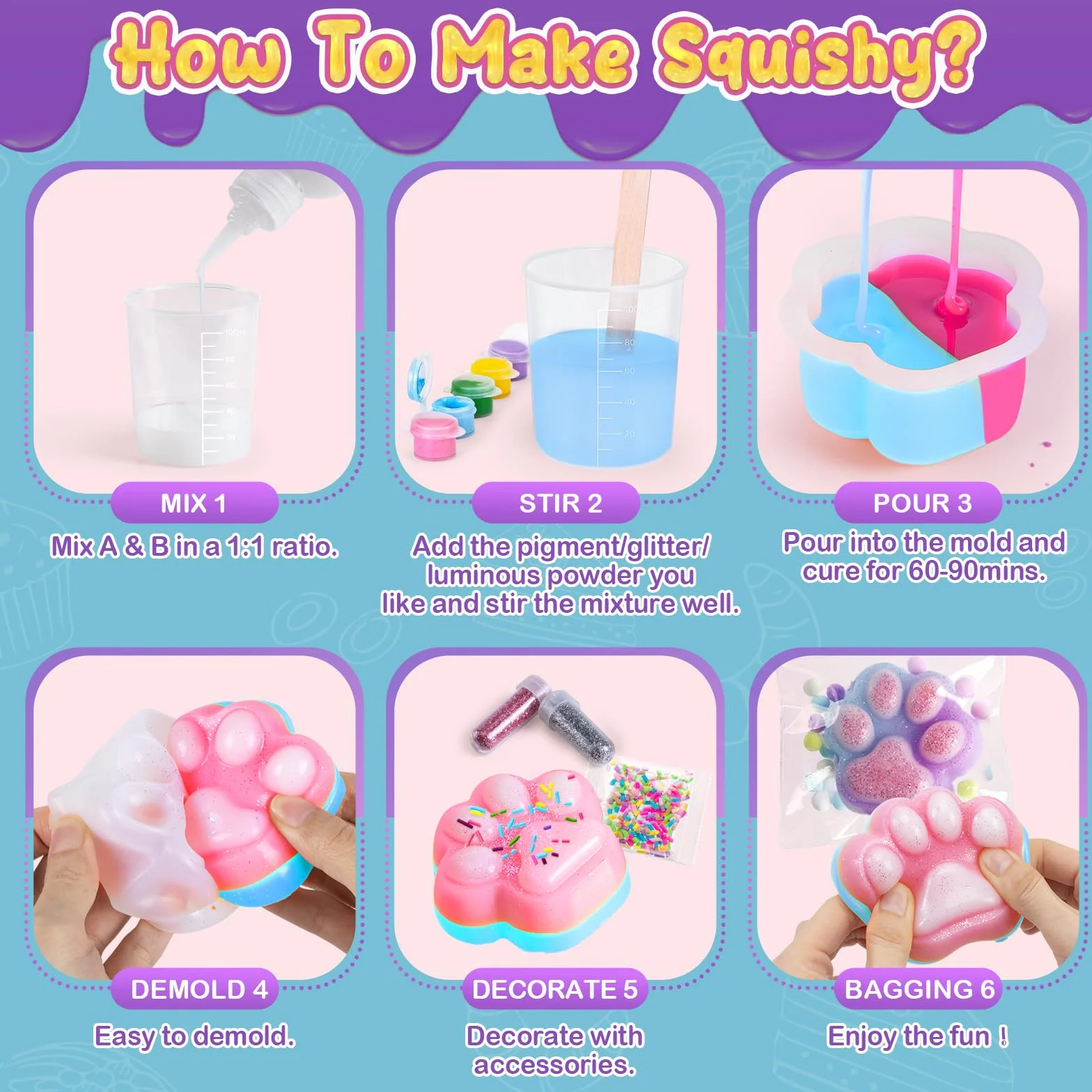 Highttoy Zestaw do tworzenia świecących w ciemności Duży Zabawek Squishy, 480ml 1:1 płynny silikon AB mieszany w stosunku 1:1 gumowe zabawki squishy z 9 foremkami i akcesoriami
