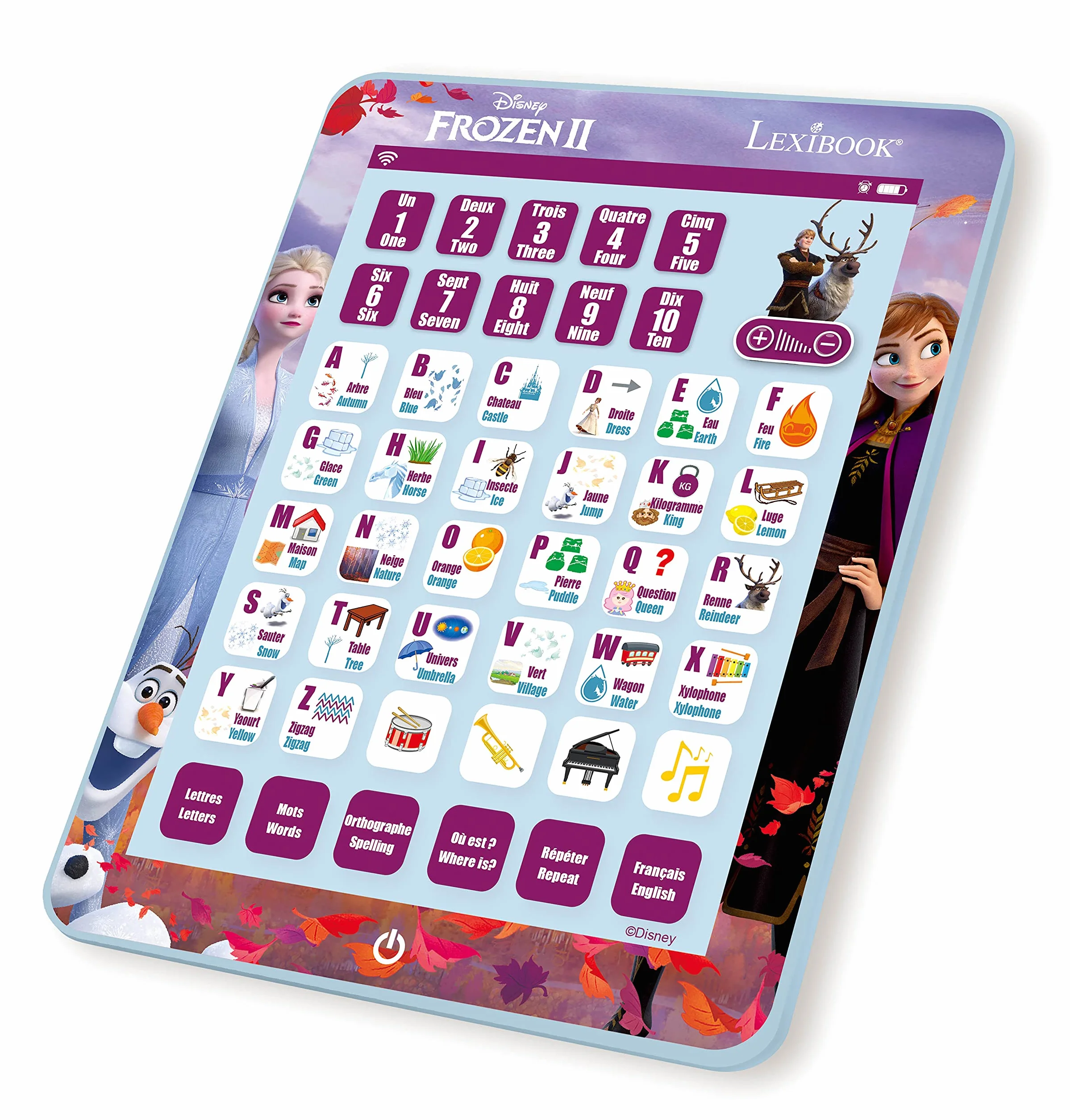 Lexibook, Kraina Lodu, Edukacyjny Dwujęzyczny Tablet do Nauki, Nauka Liter, Cyfr Słów Pisowni i Muzyki, Angielski, Francuski, Fioletowy, JCPAD002FZi1