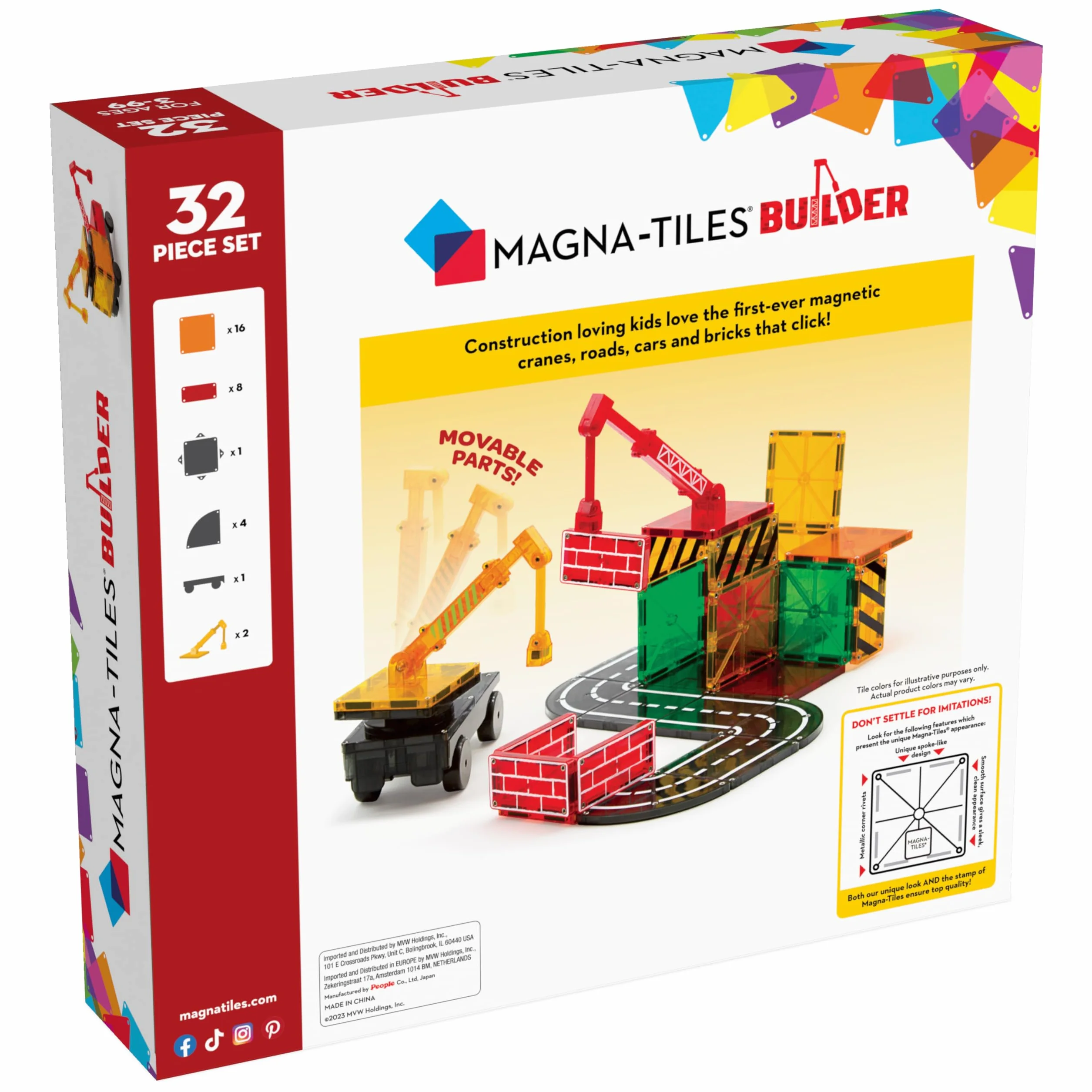 Magna-Tiles Budowniczy 32-częściowy zestaw, oryginalne magnetyczne płytki budowlane do kreatywnej zabawy otwartej, zabawki edukacyjne dla dzieci w wieku 3 lat + (32 sztuki) (21632)