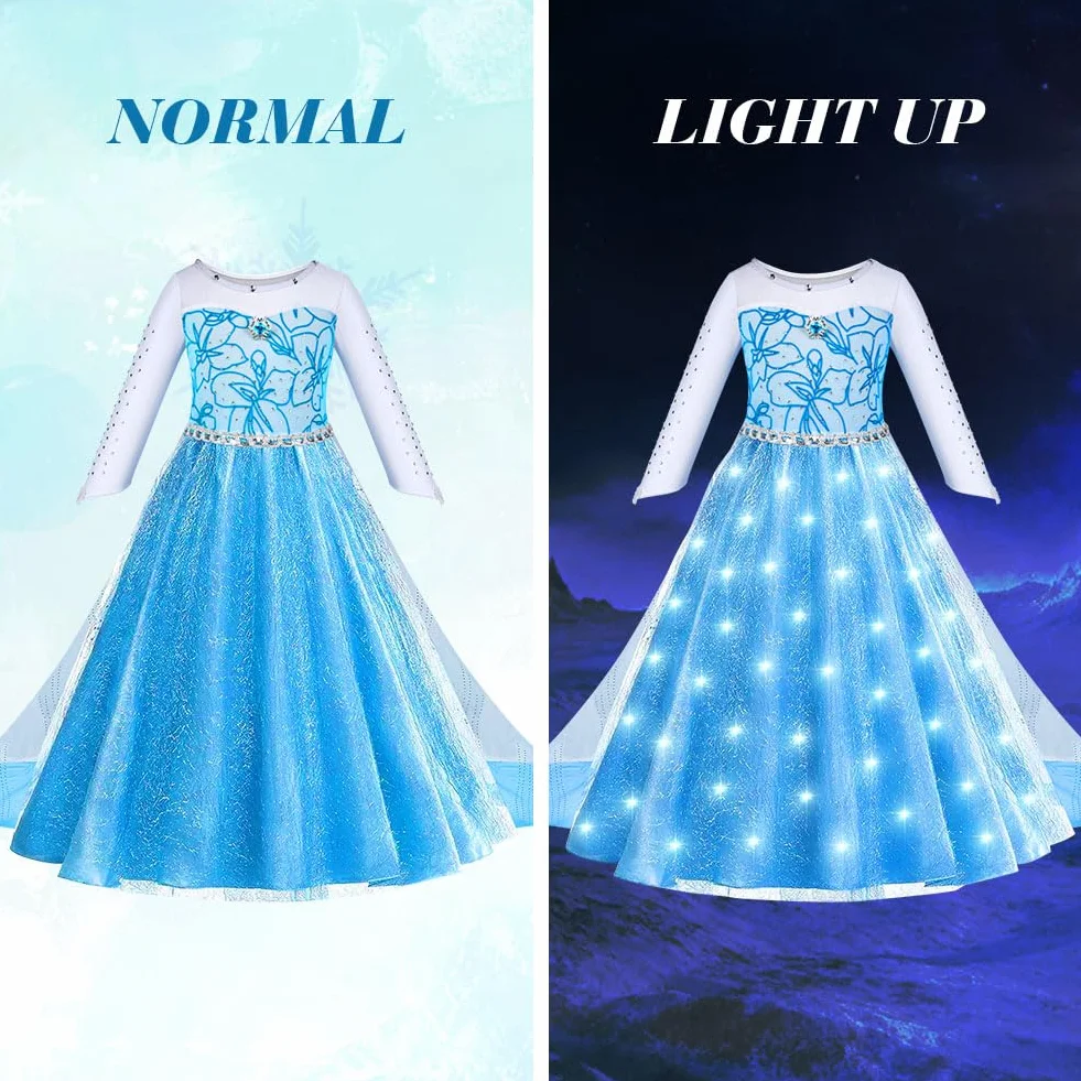 ACWOO Led kostium Elsa, kostium księżniczki Elsa Kraina lodu, sukienka Elsy z akcesoriami koronowymi, różdżką i broszką, świecąca sukienka Elsa nadaje się na Halloween, Boże Narodzenie, Cosplay,