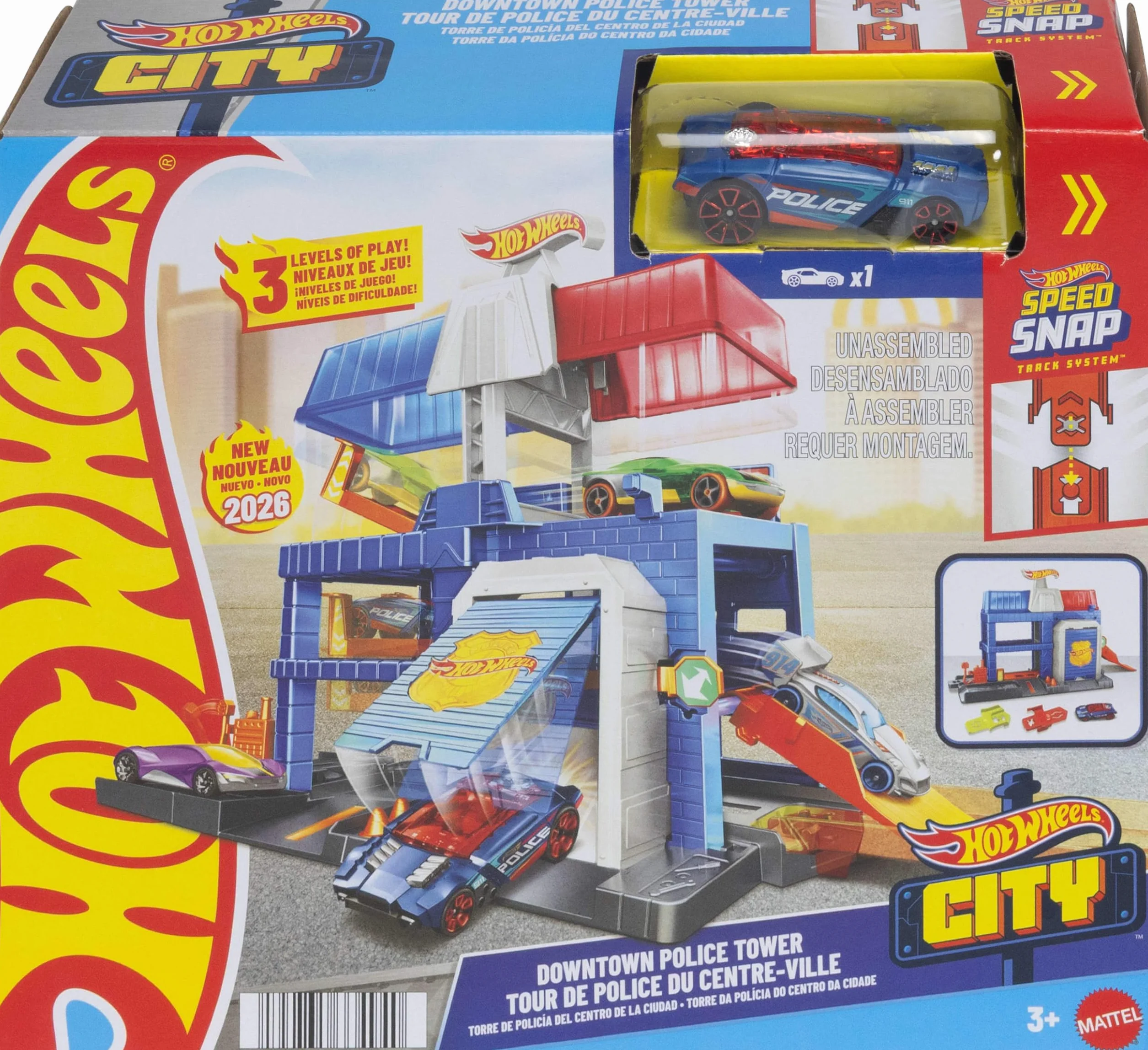 Hot Wheels City Komisariat policji Zestaw, trzy poziomy, metalowy radiowóz w skali 1:64, system torów Speed Snap Szybki klik, zabawka dla dzieci 3+, JHL74