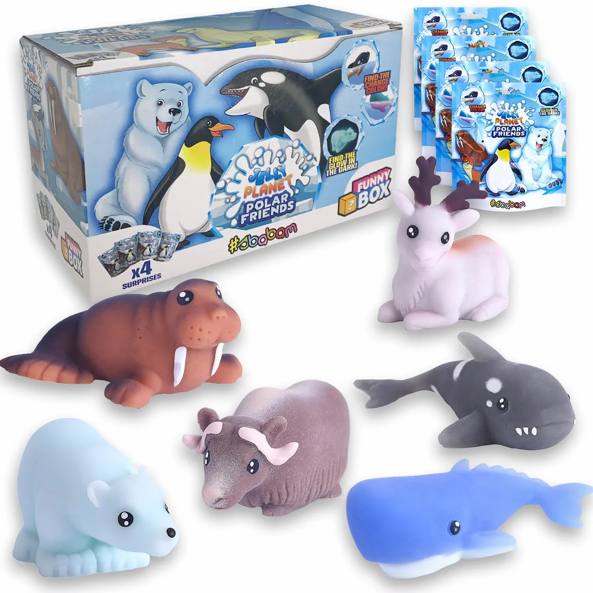 Sbabam FUNNY BOX Polar Friends Jelly Planet, gry dla dzieci z kioskiem, miękkie zabawki dla dzieci, 4 sztuki, znajdź zmianę koloru i świecące w ciemności - zabawka prezent dla dziecka
