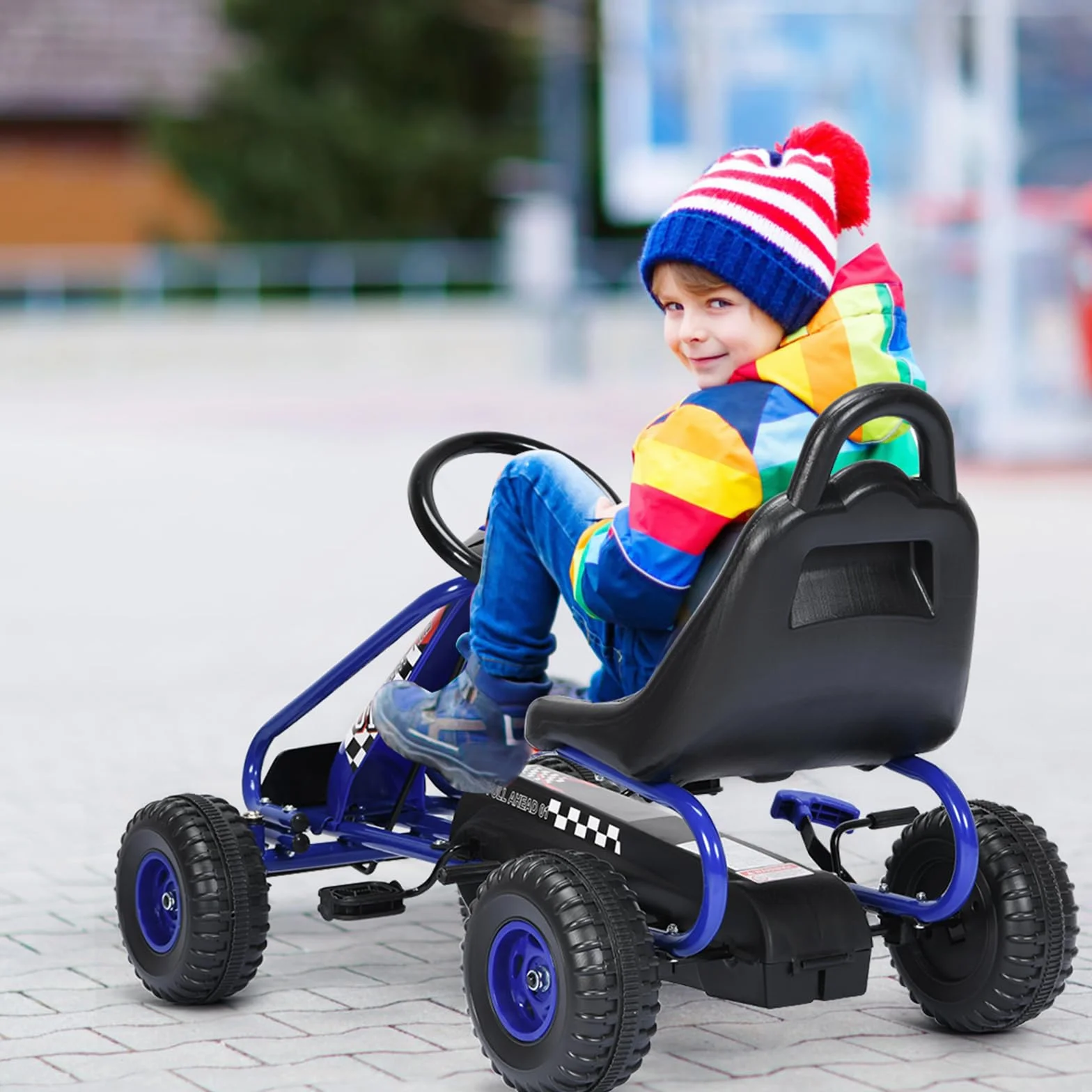 COSTWAY Gokart z regulowanym siedziskiem, Go Cart z hamulcem ręcznym, samochód na pedały, obciążenie do 30 kg, pedały, pojazd pedałowy, pojazd dla dzieci w wieku 3-6 lat (niebieski)