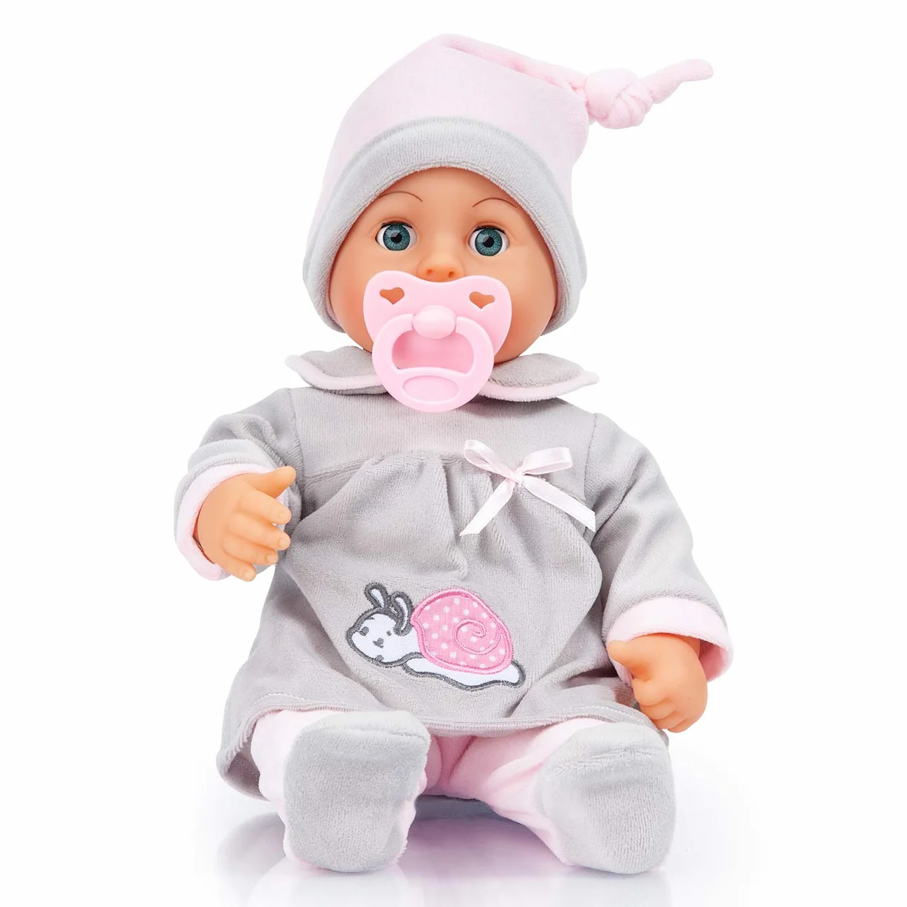 Bayer Design 93824BC Interaktywna lalka, mówiąca, miękkie ciało, zamykające się oczy, smoczek, butelka, 38 cm