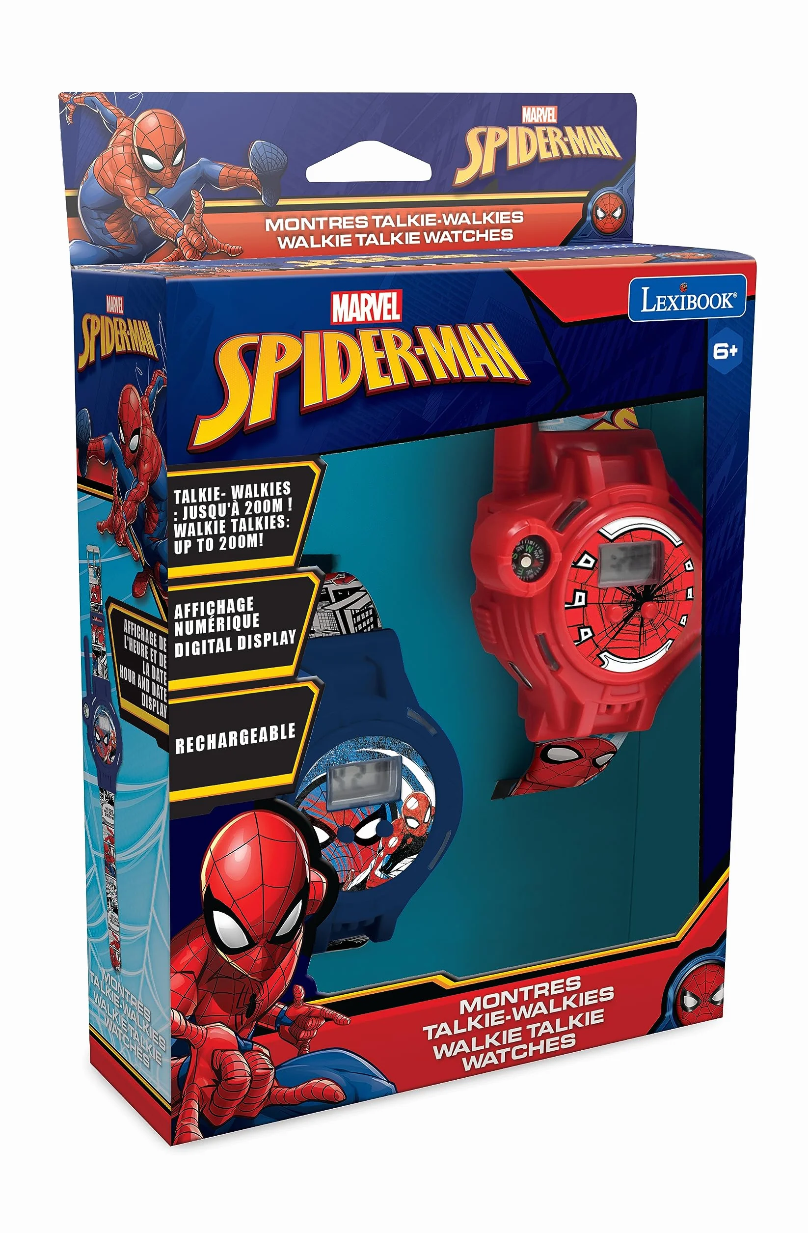 Lexibook, Spider-Man, Zegarki Krótkofalówki, 2 Sztuki, Zasięg do 200 M, Latarka, Kompas, do Ładowania, Niebieski, Czerwony, DMWTW1SP