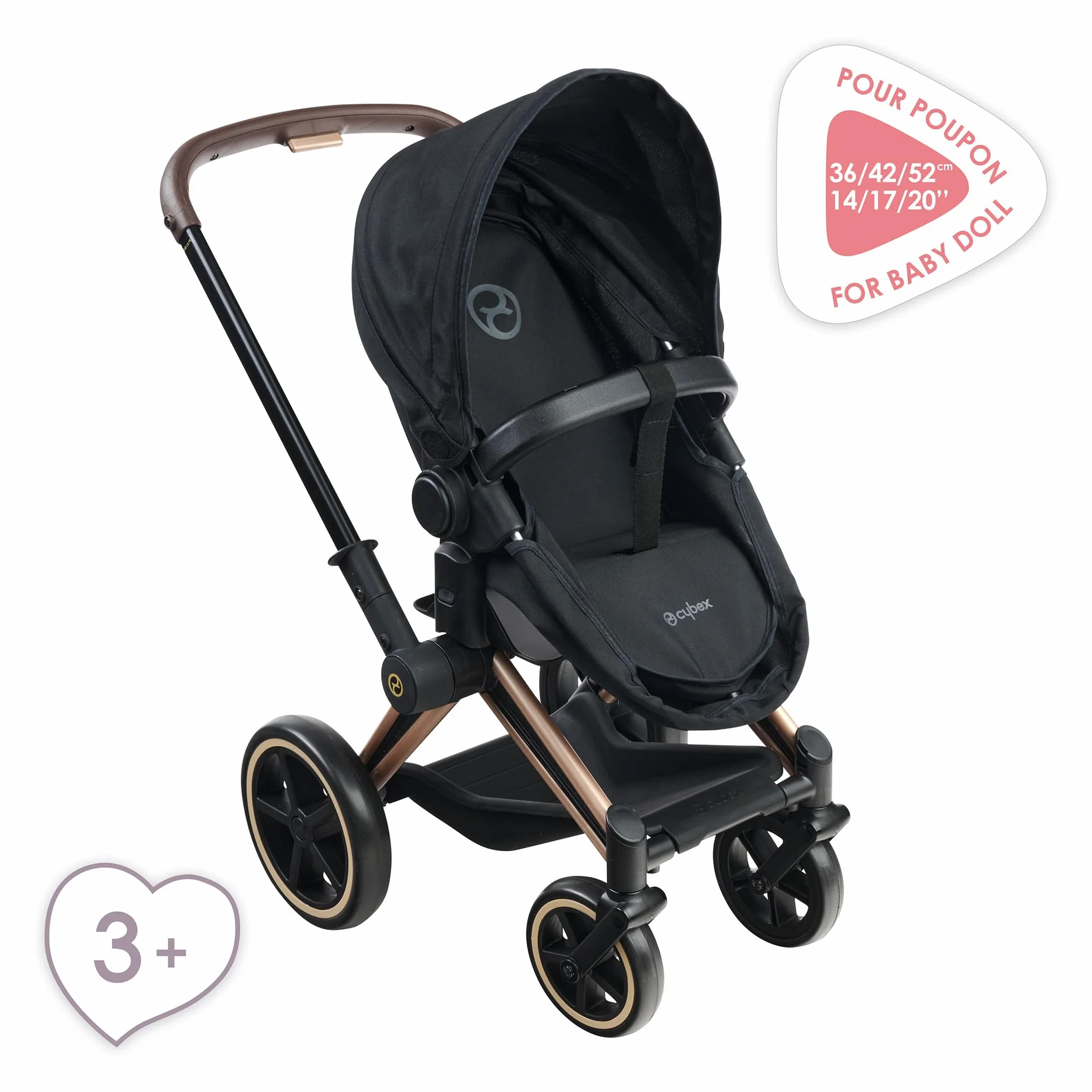 Corolle - 9000141870 - Wózek dziecięcy 3 w 1 Cybex, czarny, akcesoria, dla ośmiornic 36 i 42 cm, od 3 lat