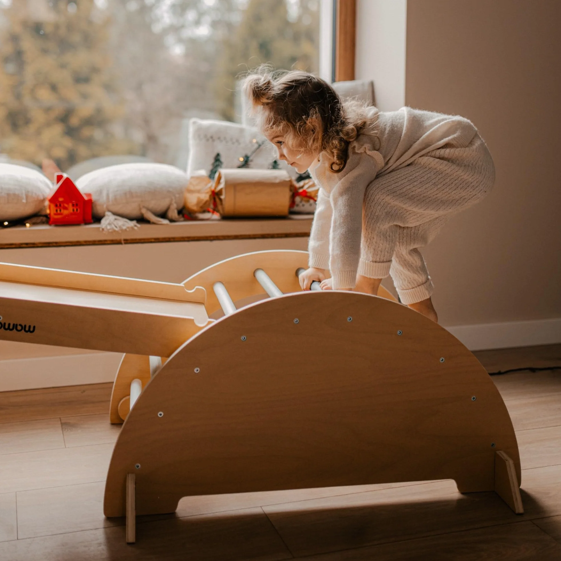 Mamabrum Drewniany Plac Zabaw Dla Dzieci – Trójkąt Piklera, Łuk Wspinaczkowy, Zjeżdżalnia Dwustronna – Montessori Zestaw Sportowy Do Domu, Składany, Bezpieczny