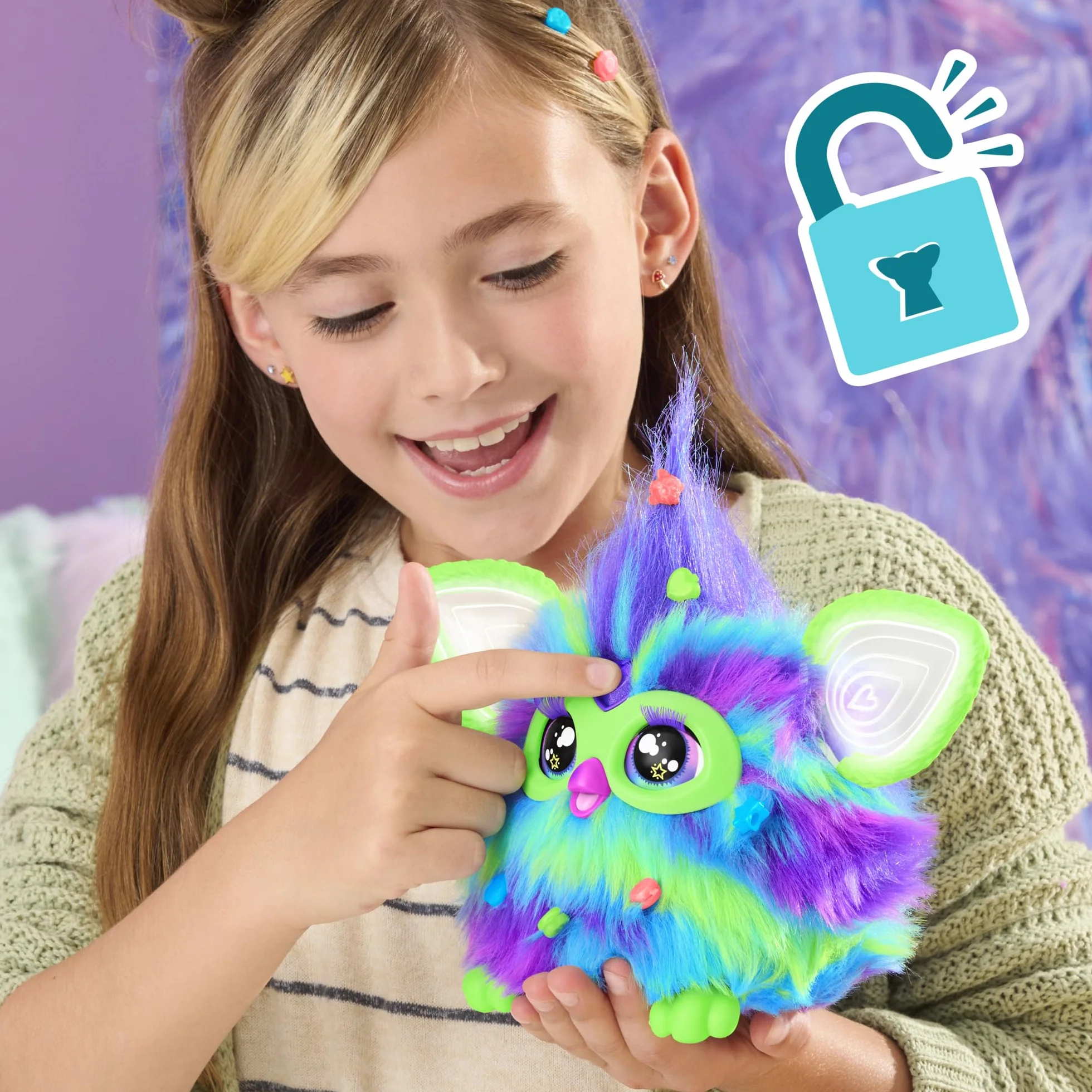 Furby Edycja Galaxy, świecąca, 15 modnych akcesoriów, interaktywne pluszowe zabawki dla dzieci w wieku 6 lat, głos animatroniczny (tylko Amazon)