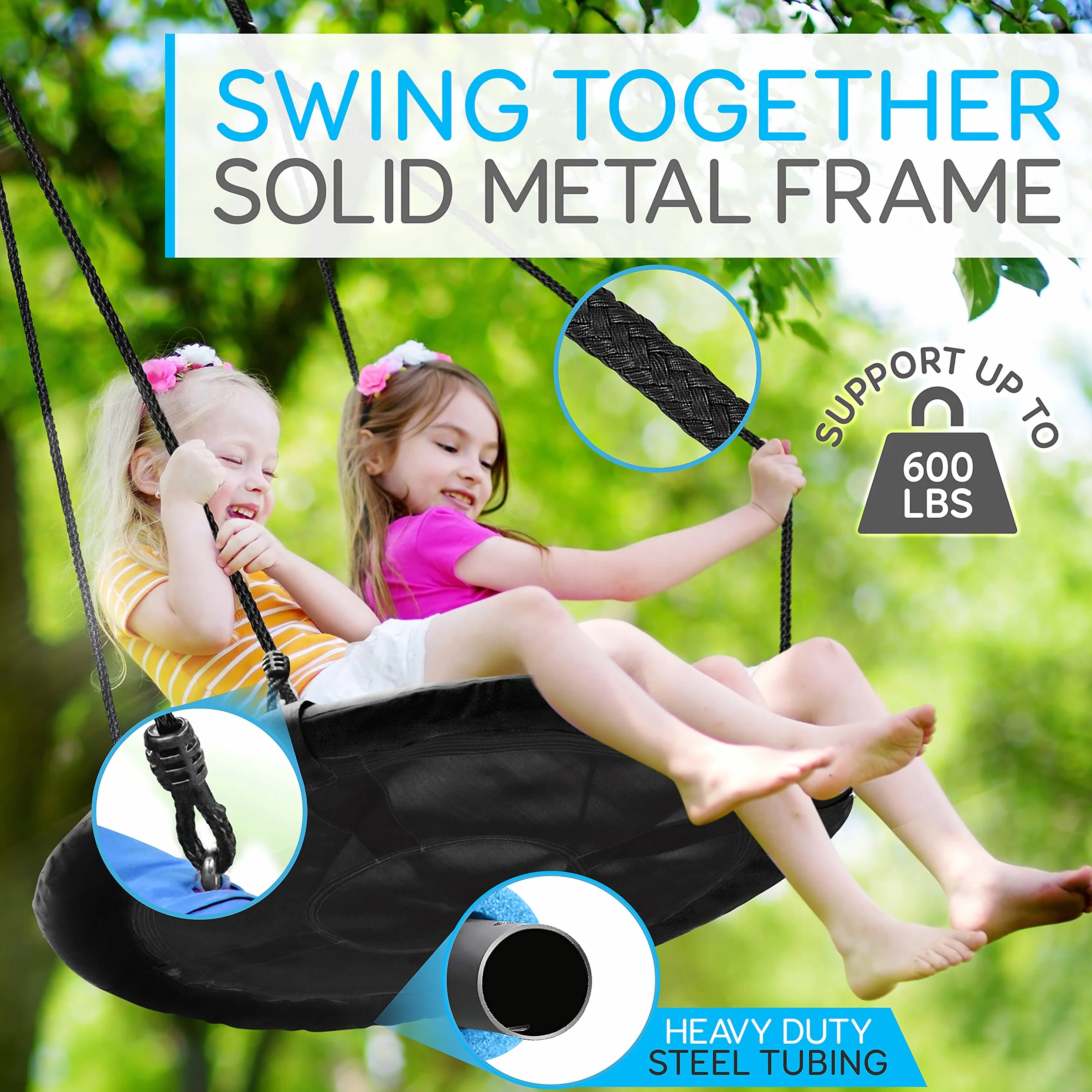 SereneLife 40 Inch Giant Outdoor Saucer Tree Swing with Hang Kit and Center Spinner - Round Hanging Circular Flying Saucer w/Rope Straps & Sturdy Steel Frame, Polyester Fabric Seat for Kids (Black)