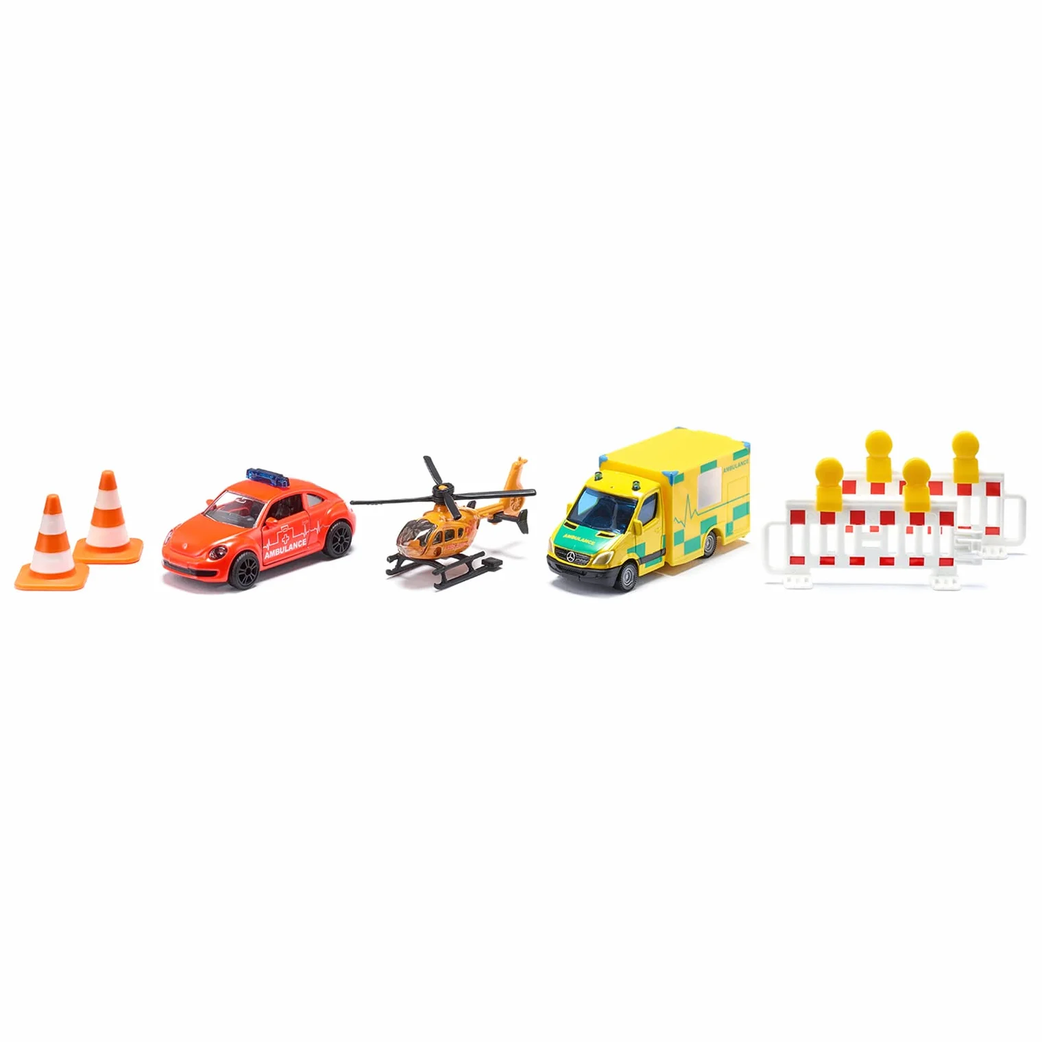 Siku 6332, Zestaw Pogotowie ratunkowe, VW Beetle, Karetka Mercedes, Helikopter, Zestaw zabawek, plastik/metal, wielokolorowy, zawiera 2 słupki i 2 pylony
