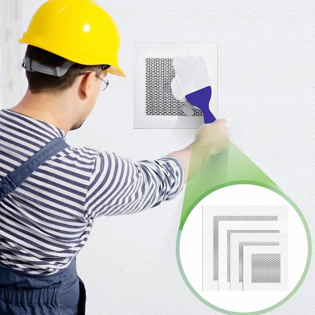 8 szt. 10 x 10 cm, aluminiowa naprawa samoprzylepnych łatek ściennych z siatki o wysokiej wydajności, z 2 różnymi skrobakami, naprawa ekranów do suchej zabudowy