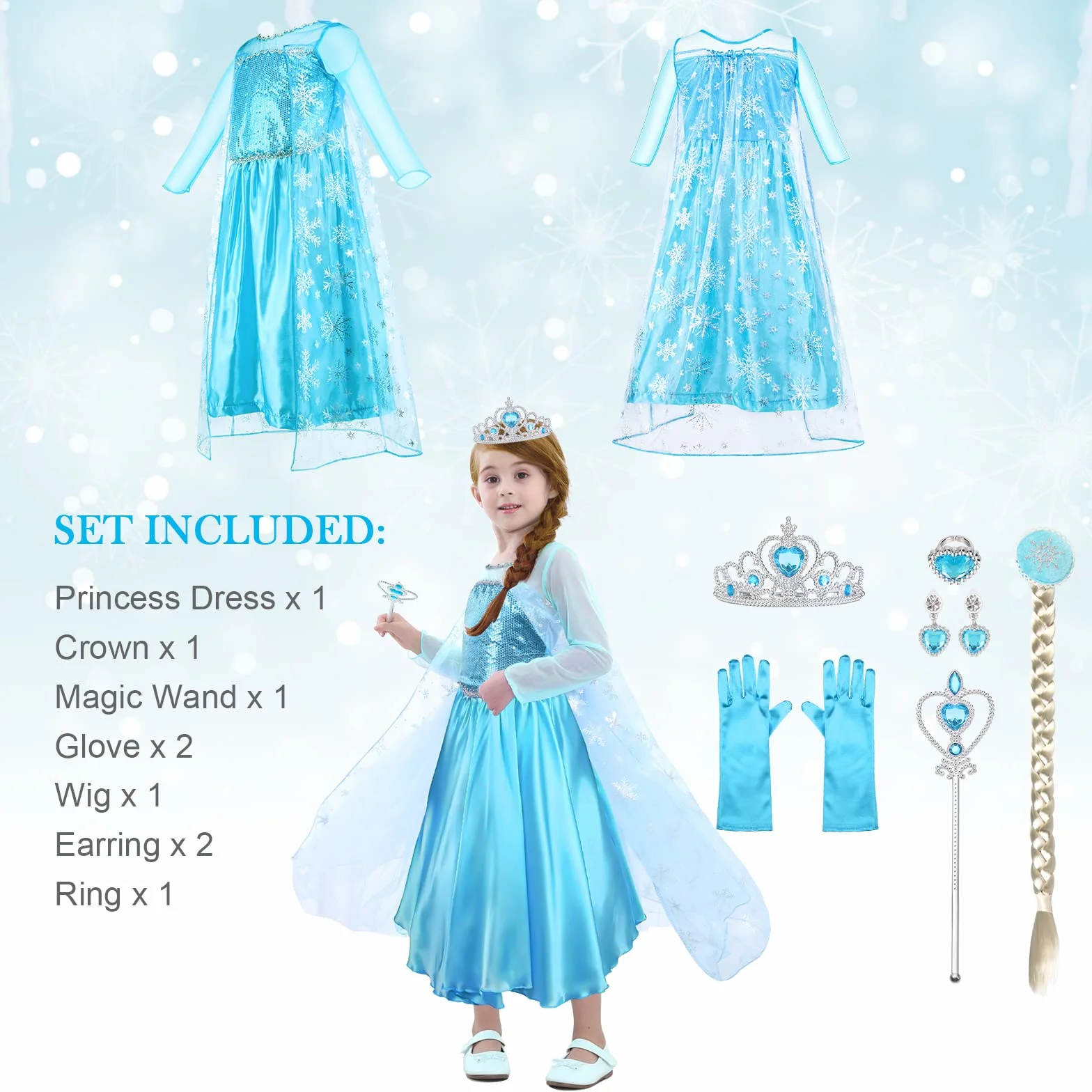 URAQT Kostium Elsa, Kostium Księżniczka Dziewczyna z akcesoriami do Cosplay, Księżniczka Elsa z błyszczącym płaszczem płatków śniegu, Kostium Dziewczyna na Halloween Cosplay Urodziny Karnawał, 120cm