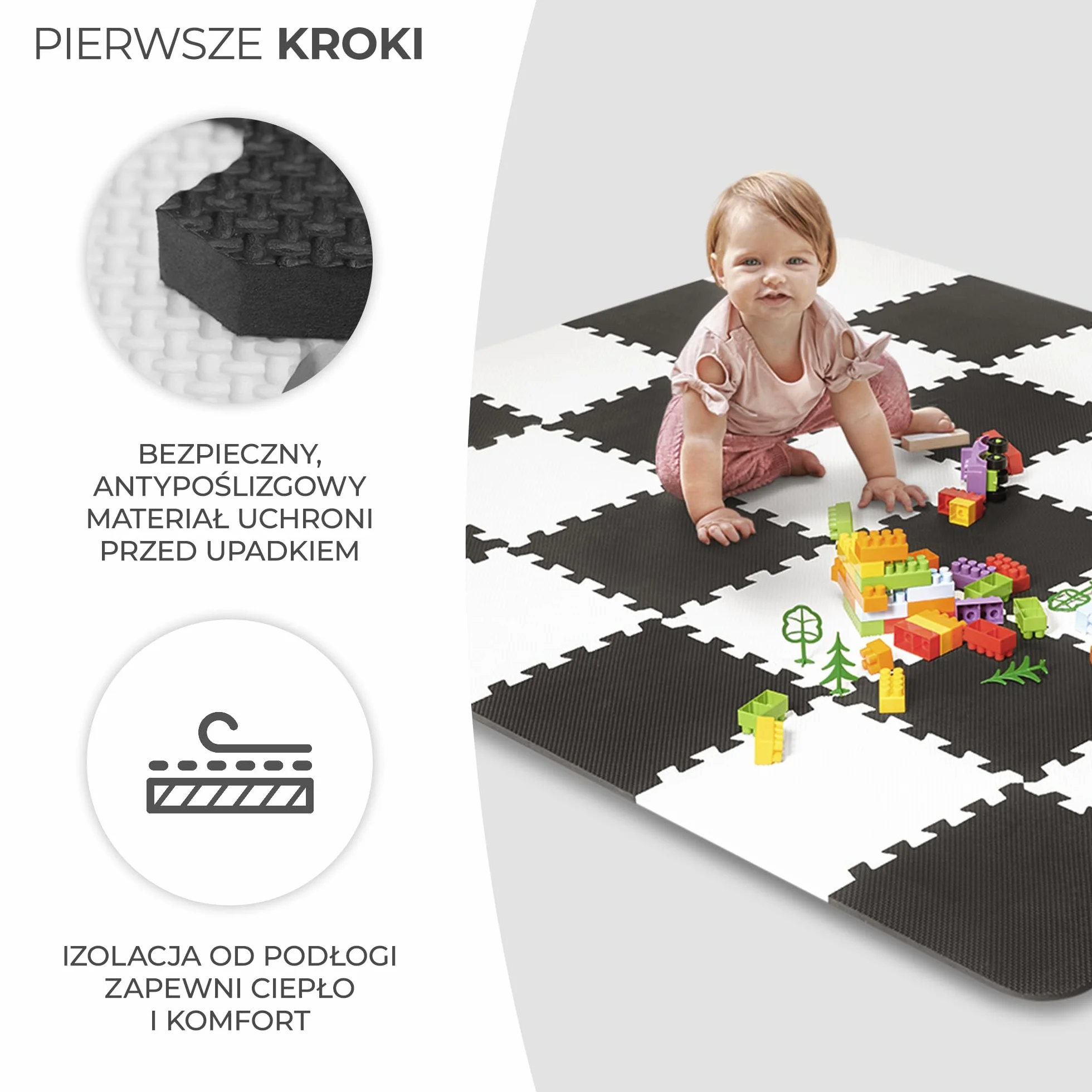 Kinderkraft Mata piankowa LUNO, Wielofunkcyjna, Puzzle 30 elementów, Wodoodporna, Izolacja od podłogi, Antypoślizgowa powierzchnia, Łatwe czyszczenie, Torba do transportu w zestawie, Czarno Biały