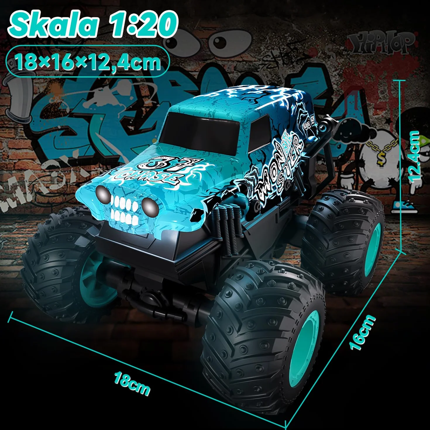 Halloween Monster Truck zdalnie sterowany, 1/20 Monster Truck z chodzeniem w pozycji pionowej i obrotem o 360°, 20 km/h, zdalnie sterowany samochód z oświetleniem LED i muzyką, zabawka na Halloween i