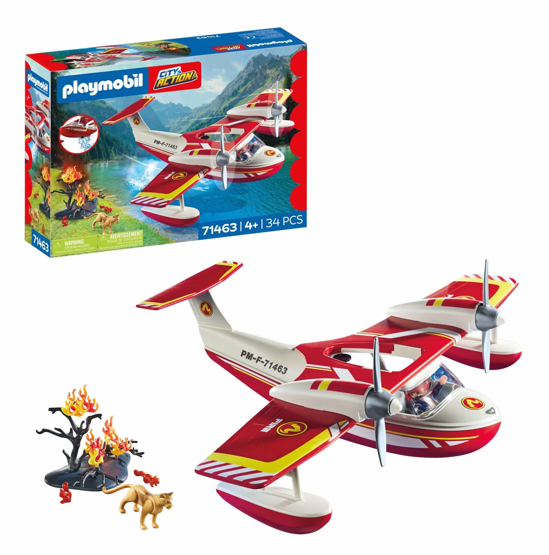 PLAYMOBIL Action Heroes 71463 Samolot straży pożarnej z funkcją gaszenia pożaru, bohaterskie misje ratunkowe. Zabawne i pomysłowe odgrywanie ról, zabawki dla dzieci w wieku od 4 roku życia