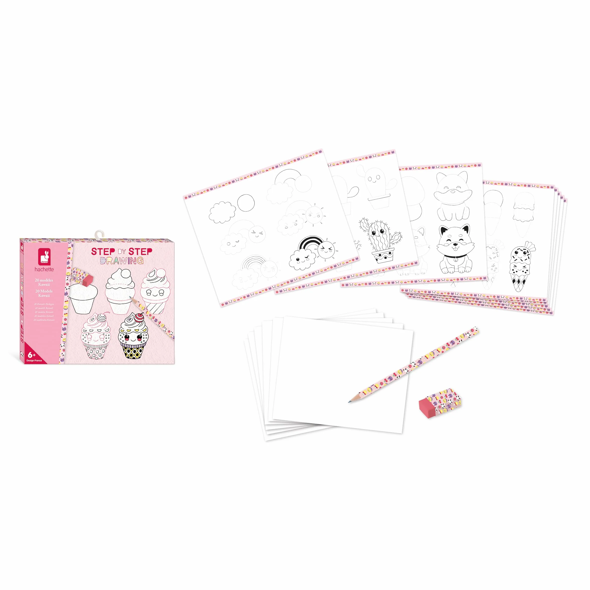 Janod - Step by Step Drawing - Naucz się rysować - 20 modeli Kawaii - Zestaw rysunkowy dla dzieci - Nauka rysowania i koncentracji - Od 6 lat - J09156