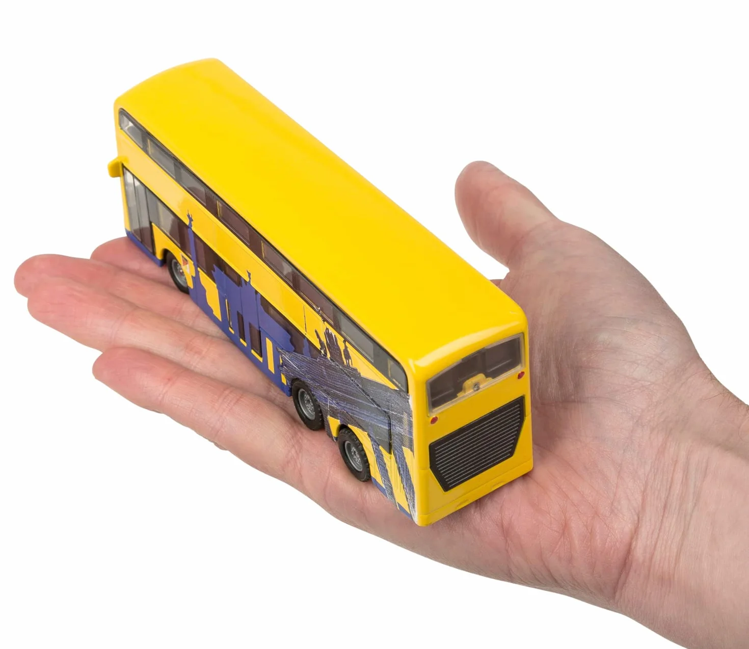 Idena 40107 model autobusu berlińskiego dwupokładowego z silnikiem cofania 18,5x13,5x4,5 cm żółty zabawka pamiątka kolekcjonerski