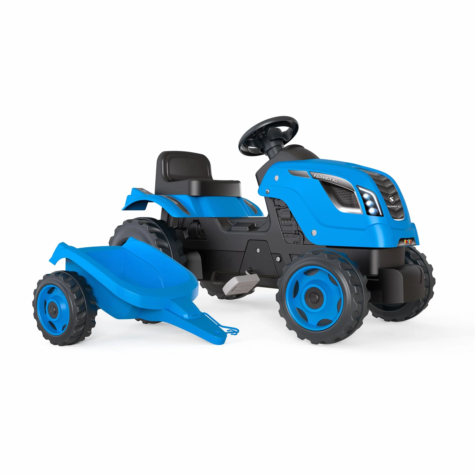 Smoby - Farmer XL Niebieski Traktor + Przyczepa - Traktor na pedały dla dzieci - Regulowane siedzenie - Kierownica z klaksonem - Otwierana maska - Od 3 lat - Wyprodukowano we Francji