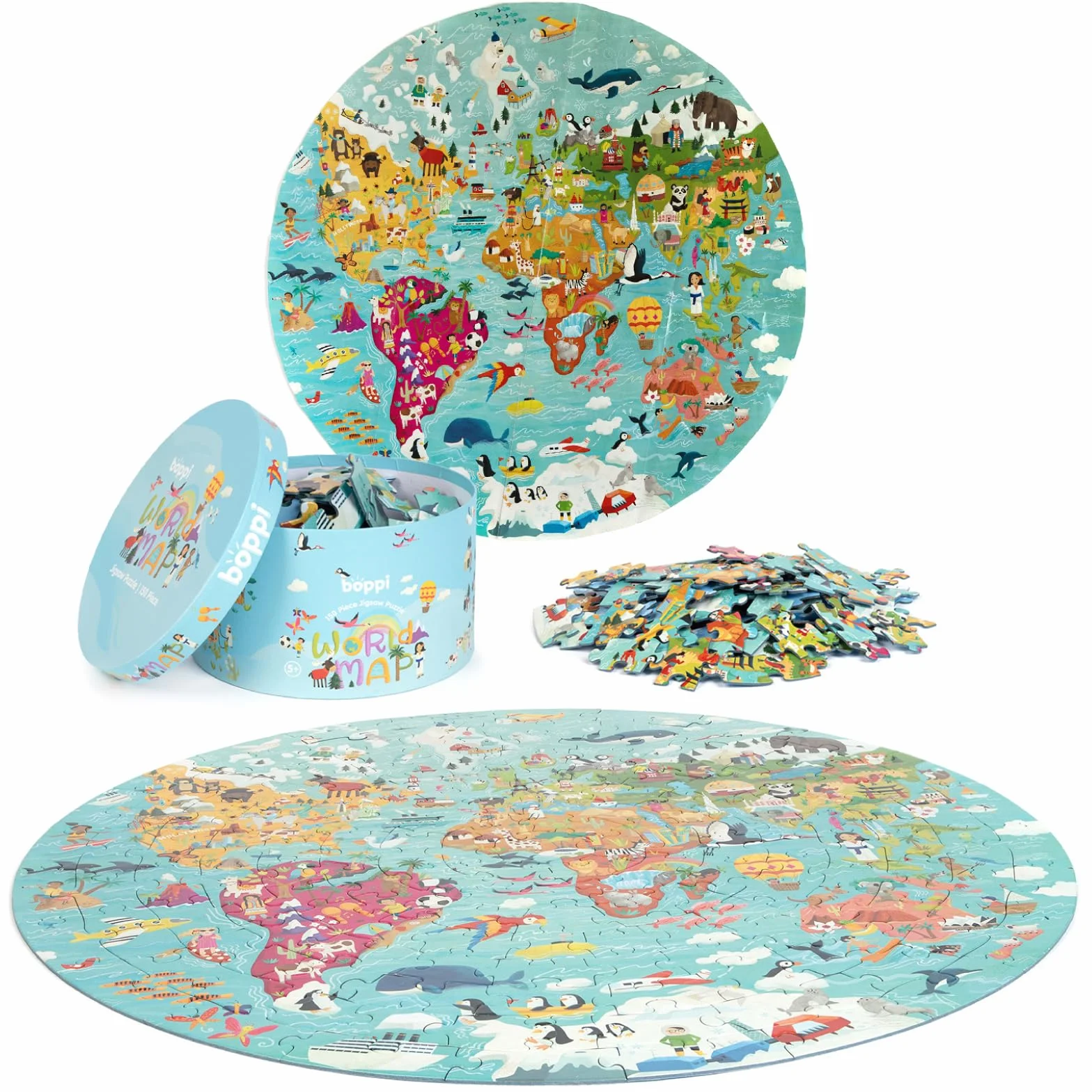 Mapa świata puzzle dla dzieci puzzle w wieku 5-8 lat - 150 sztuk zwierząt świata układanka ze 100% pochodzących z recyklingu - okrągłe wyrzynarki dla dzieci w wieku 5 lat od boppi