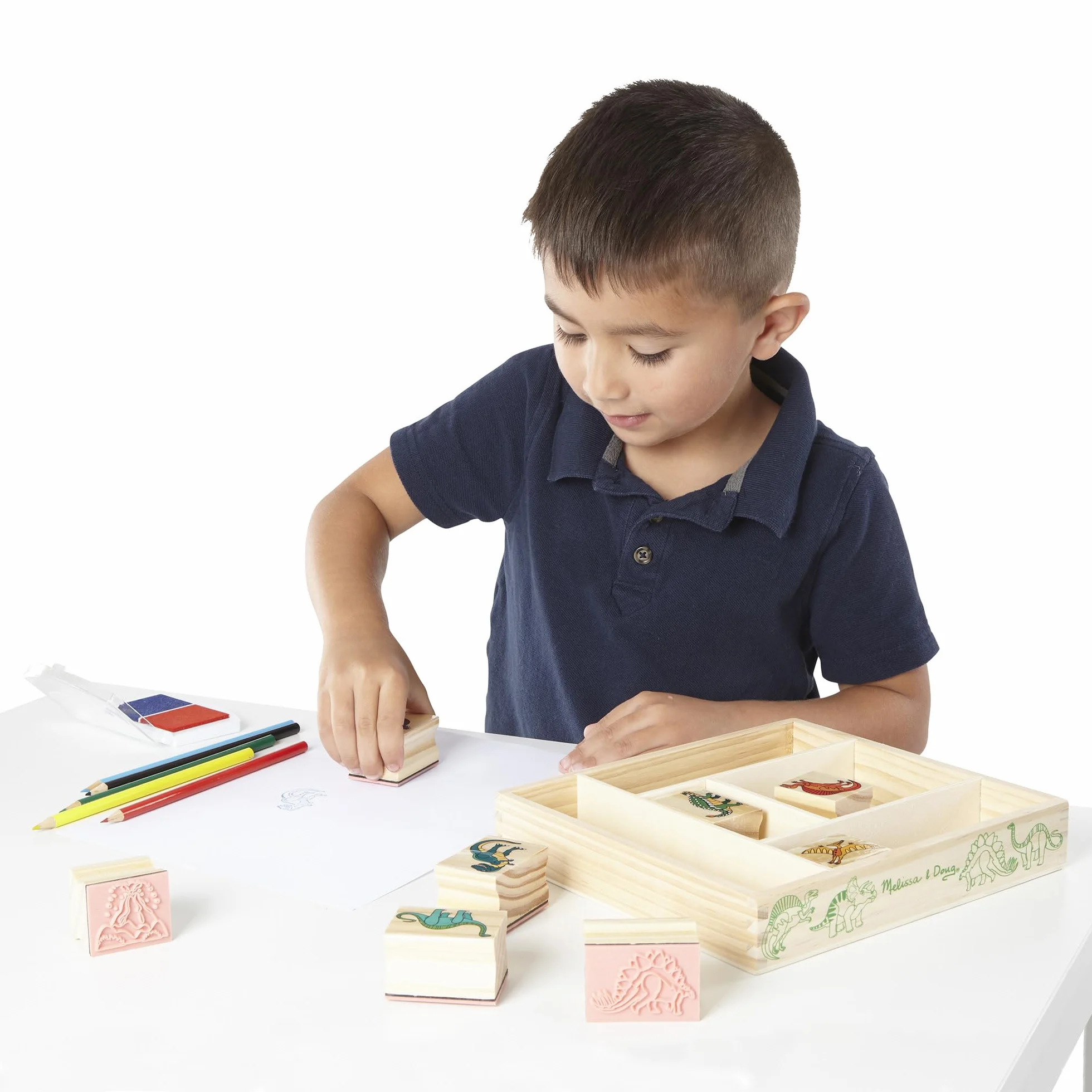 Melissa & Doug Zestaw stempli Dinozaury z kolorowymi ołówkami dla dzieci | Zabawa kreatywna | Drewniane pieczątki I stemple dla dzieci | Prezent dla chłopców i dziewczynek w wieku 3 4 5 6 lat