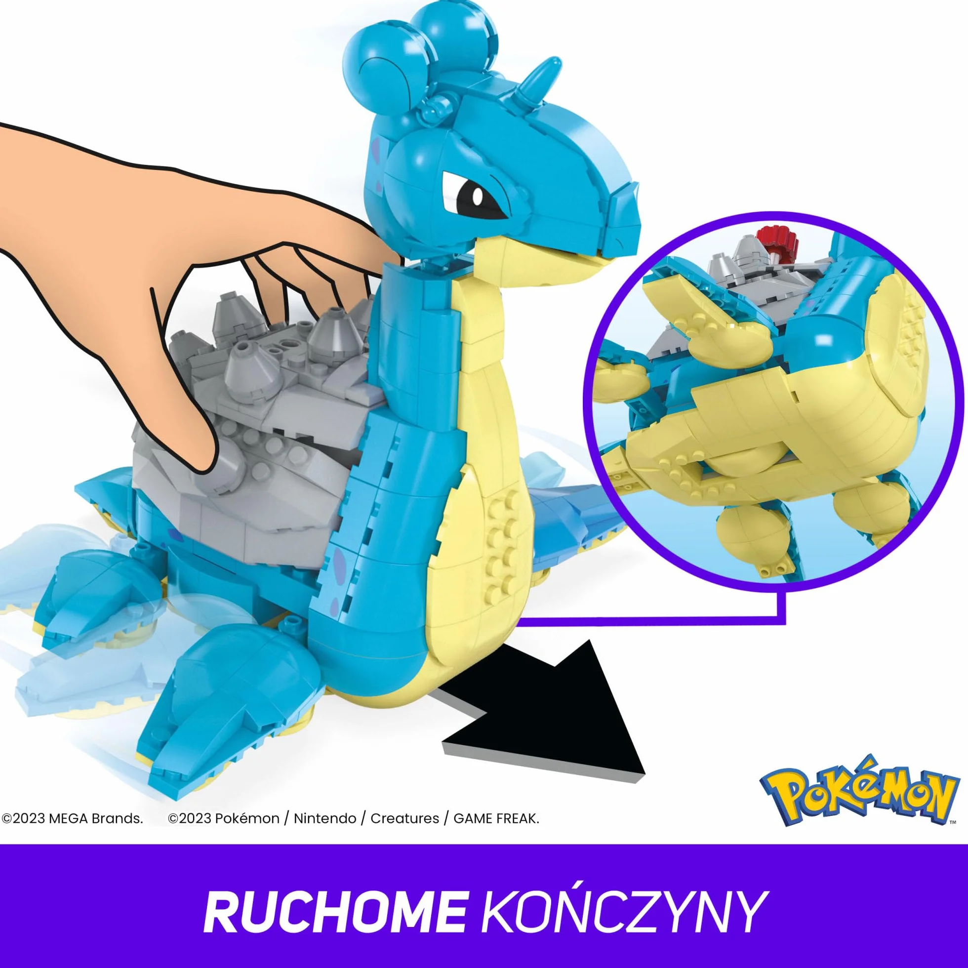 MEGA Pokemon Lapras Zestaw klocków (527 elementów) z funkcją ruchu, do zbudowania i ustawiania w różnych pozach, 17,5 cm wysokości, HKT26