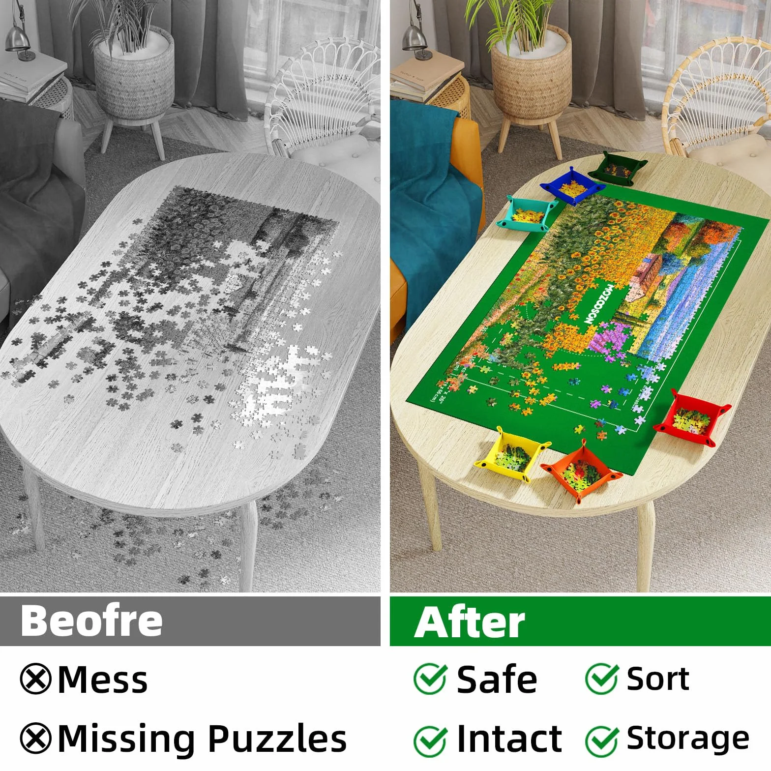 MOZOOON Mata do puzzli 1500 elementów, filcowa mata do puzzli, przenośna mata do zwijania puzzli składana z 6 sortownikami do puzzli, akcesoria dla dzieci i dorosłych