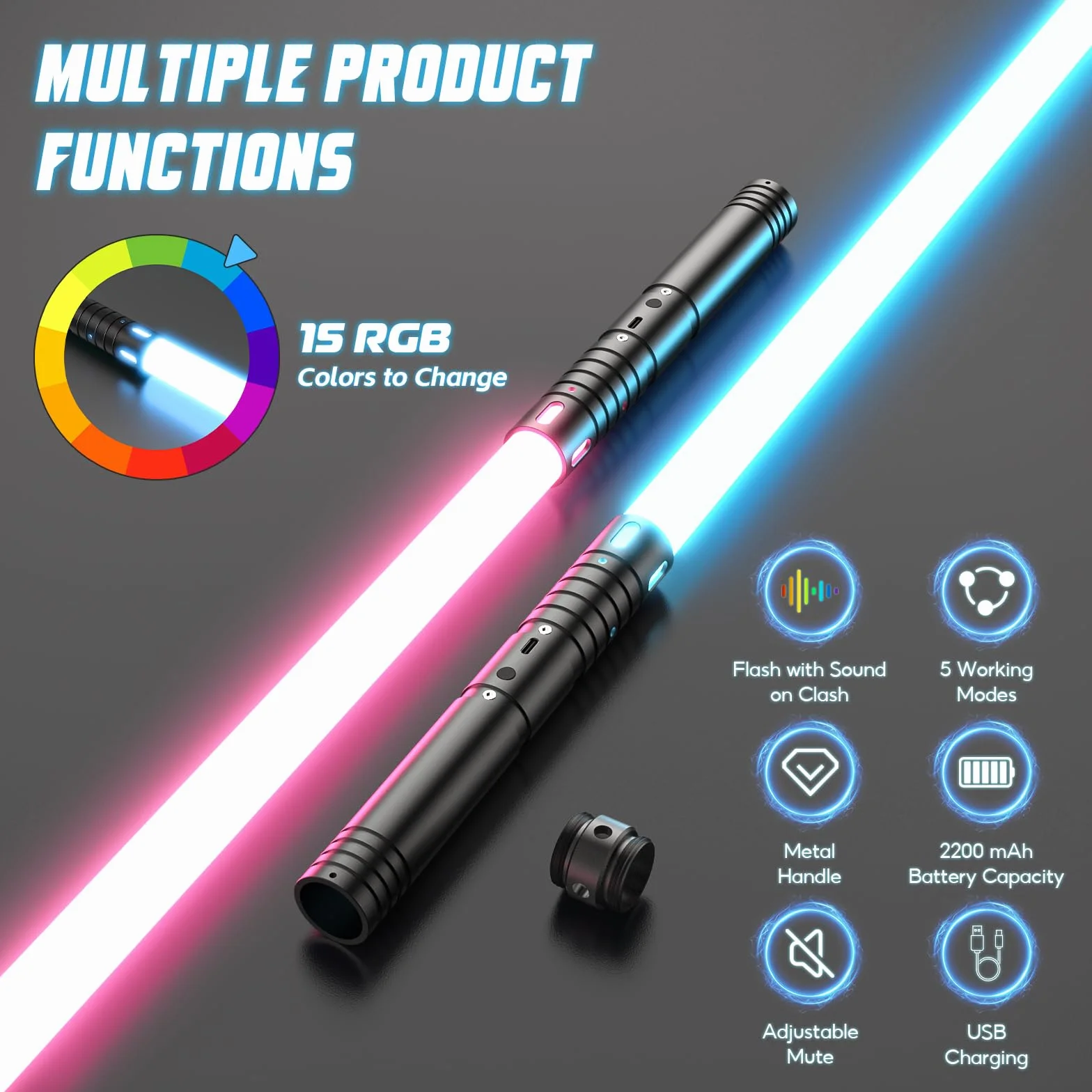 Miecz świetlny Star Wars, ulepszony miecz świetlny RGB 15 kolorów, ładowany przez USB z metalowym uchwytem, z trybem dźwięków, laserowy miecz zabawka dla dzieci i dorosłych, prezenty na imprezę