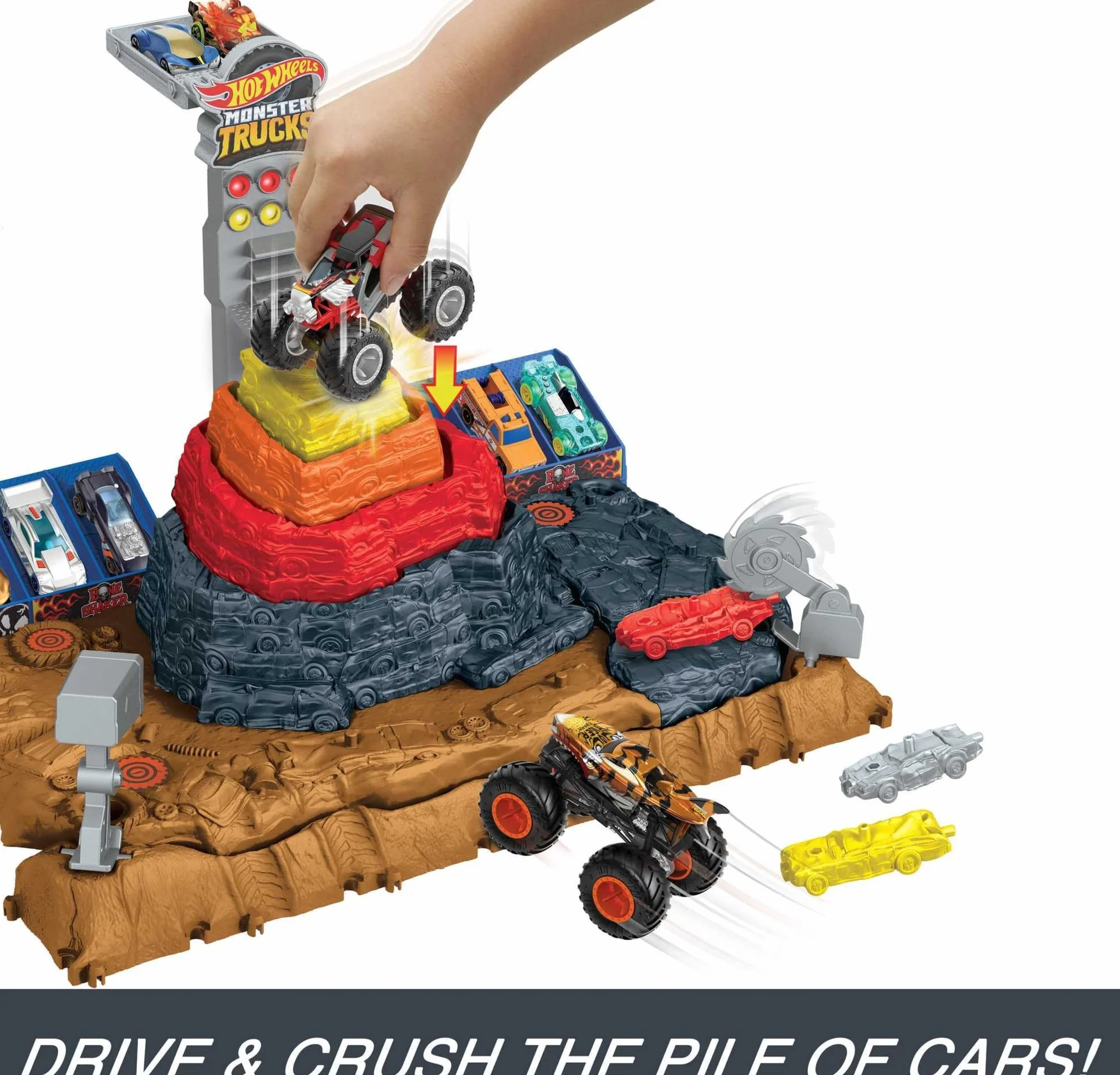Hot Wheels Monster Trucks Arena Smashers Bone Shaker Piramida demolki Zestaw z 1 pojazdem i 3 autkami HNB96