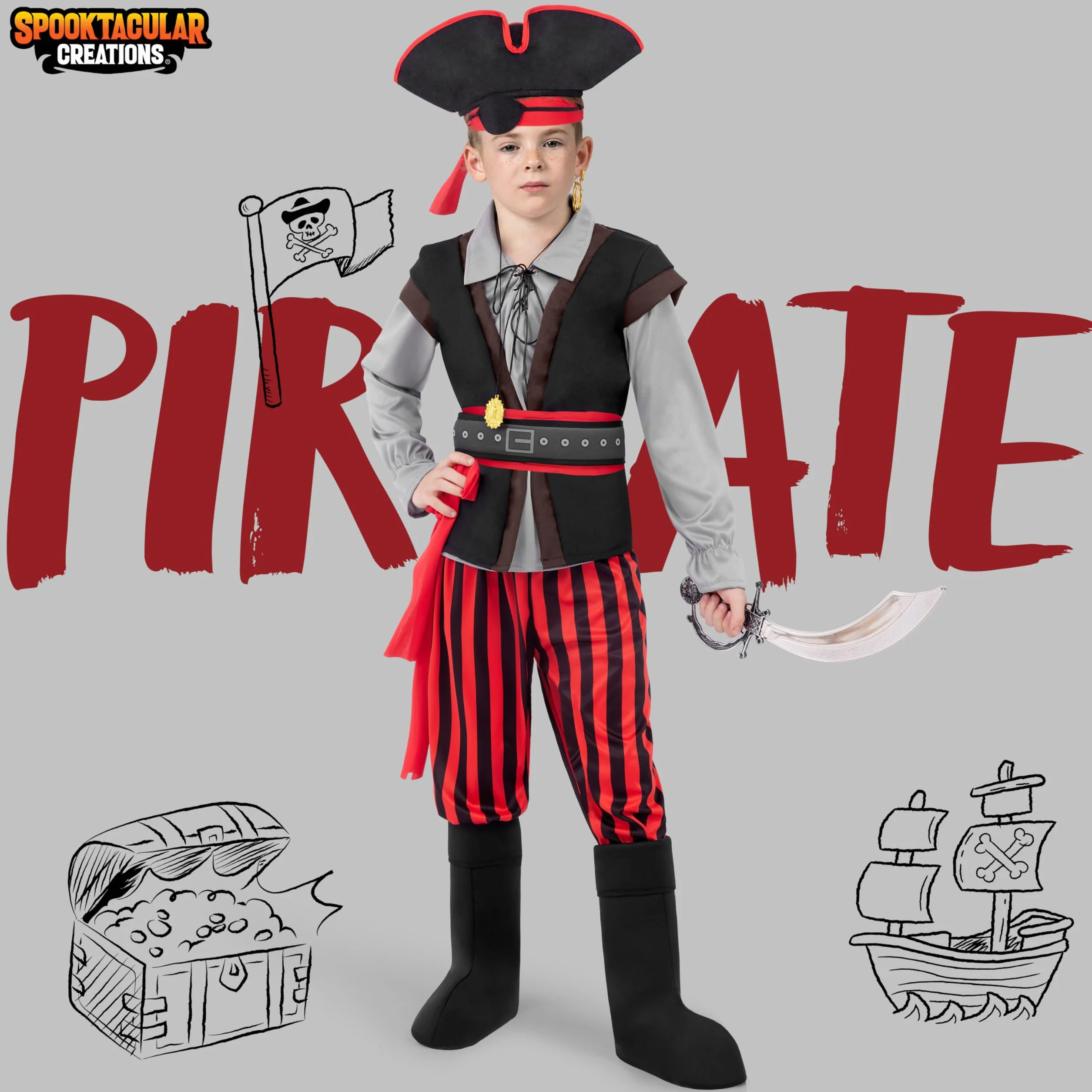 Spooktacular Creations Kostium pirata dla chłopców, kostium pirata dla chłopców, kostium pirata dla dzieci z akcesoriami do piratów do odgrywania ról na Halloween (mały (5-7 lat))