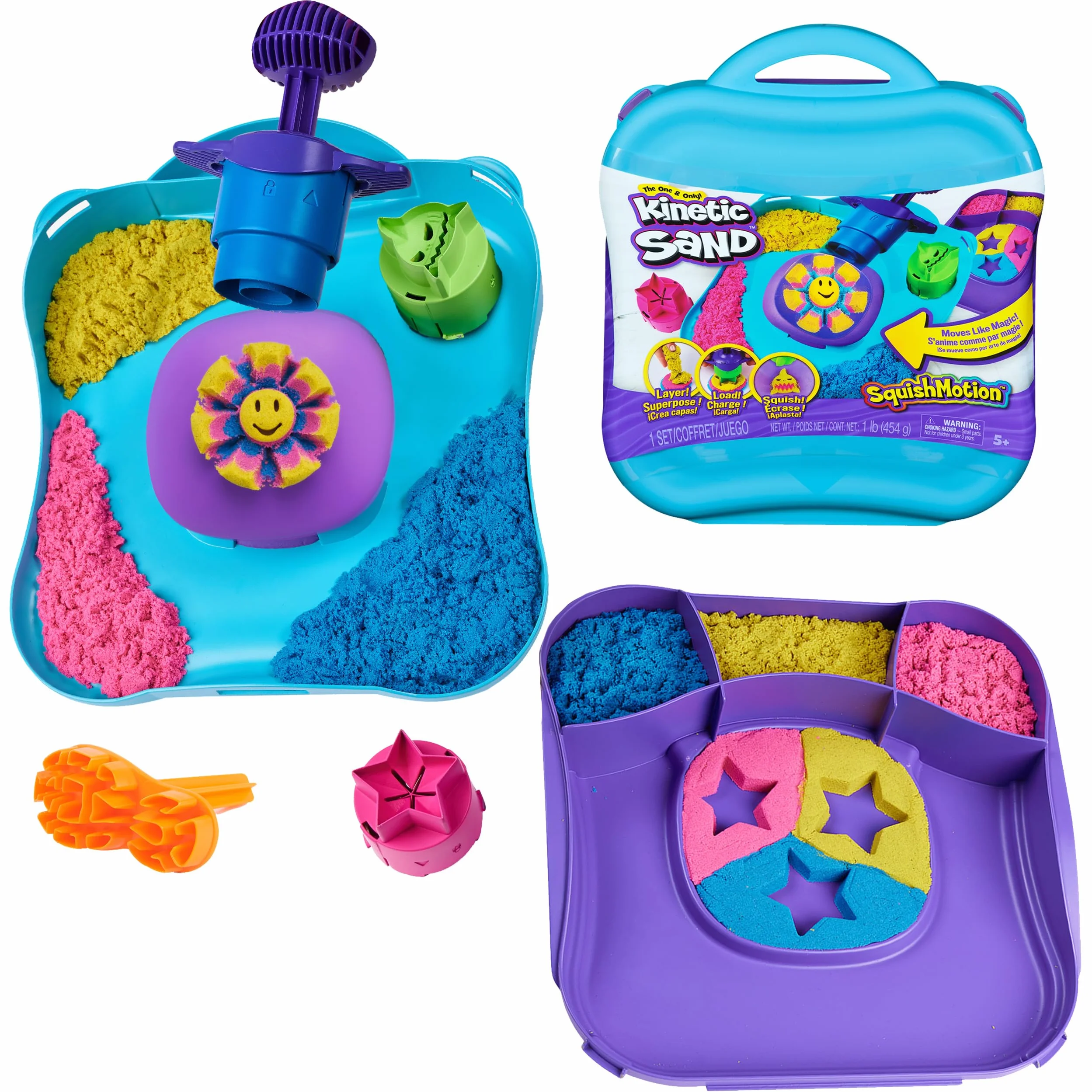 Kinetic Sand, SquishMotion Playset z 1lb Różowy, Żółty, Niebieski Piasek do zabawy, Stamper i 5 narzędzi, Etui do przechowywania wielokrotnego użytku, Zabawki sensoryczne dla dzieci w wieku 5+