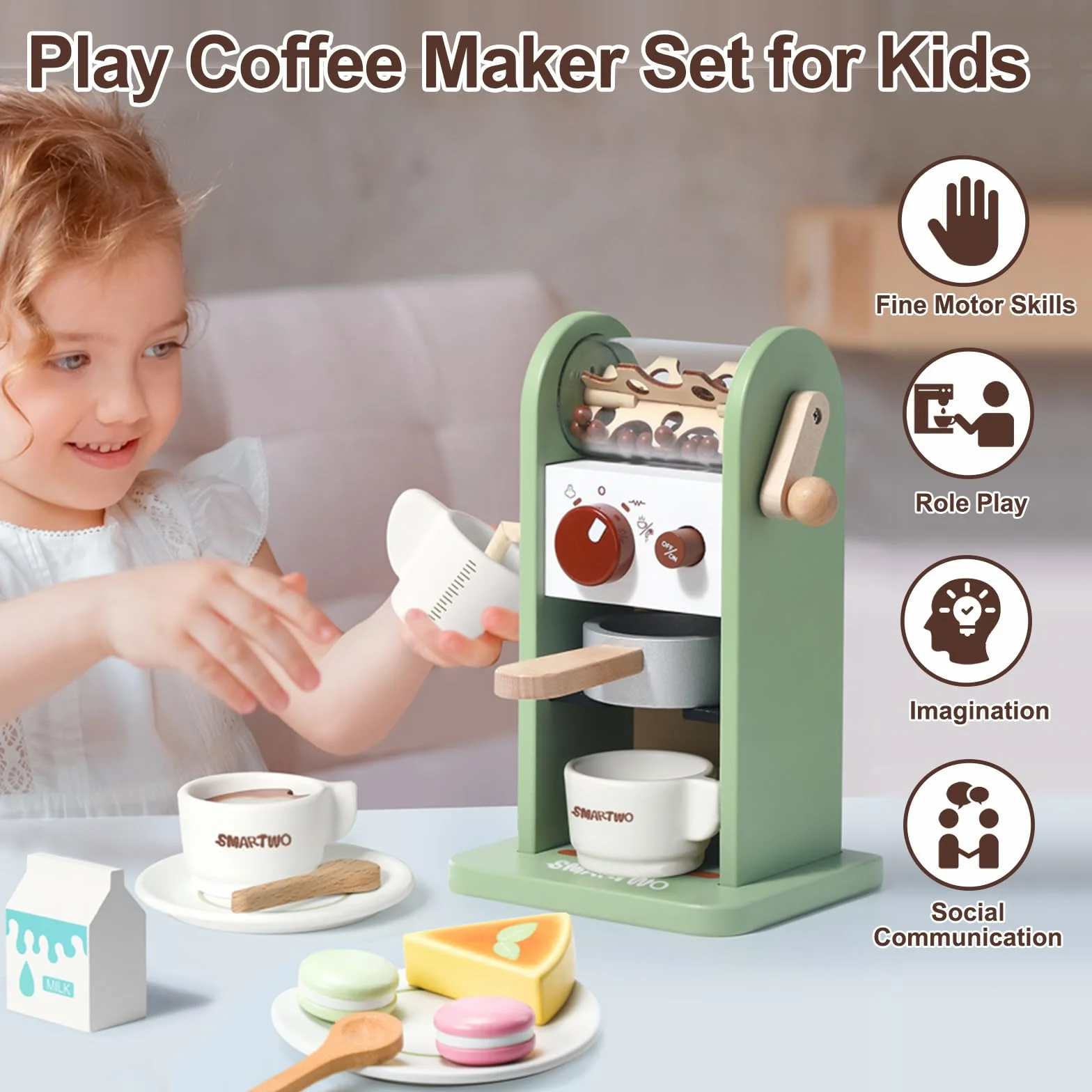 Drewniany ekspres do kawy dla dzieci, kuchnia dla dzieci, ekspres do kawy z młynkiem, akcesoria kuchenne do zabawy, ekspres do espresso, zestaw zabawek drewnianych, akcesoria kuchenne