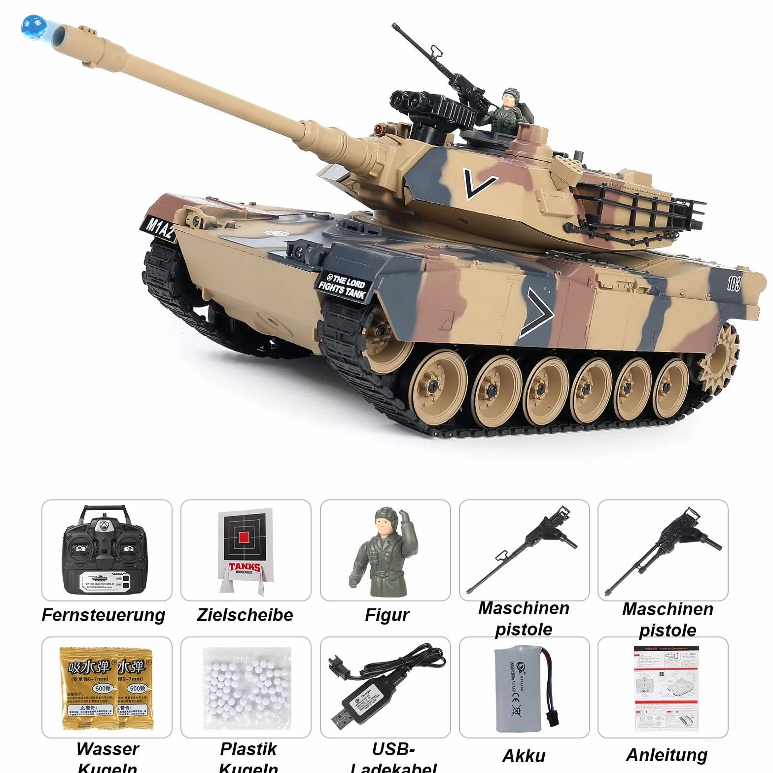 efaso Zdalnie sterowany czołg – zdalnie sterowany czołg z funkcją strzału / wieża obracana o 360 stopni z dźwiękiem i światłem 1:18 - model czołgu RC Camouflage, ZY022-817